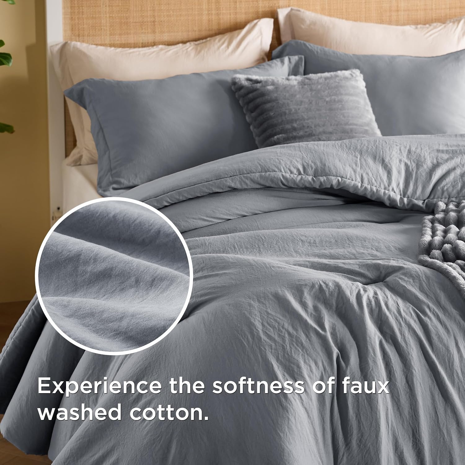image:imageBedsure Comforter Queen Size 5 Pieces Queen Size Comforter Set with Checkered Throw Blanket and Decorative Pillow Lightweiget Bedding All Season Bedding Sets Light Camel03 Dark Grey Striped