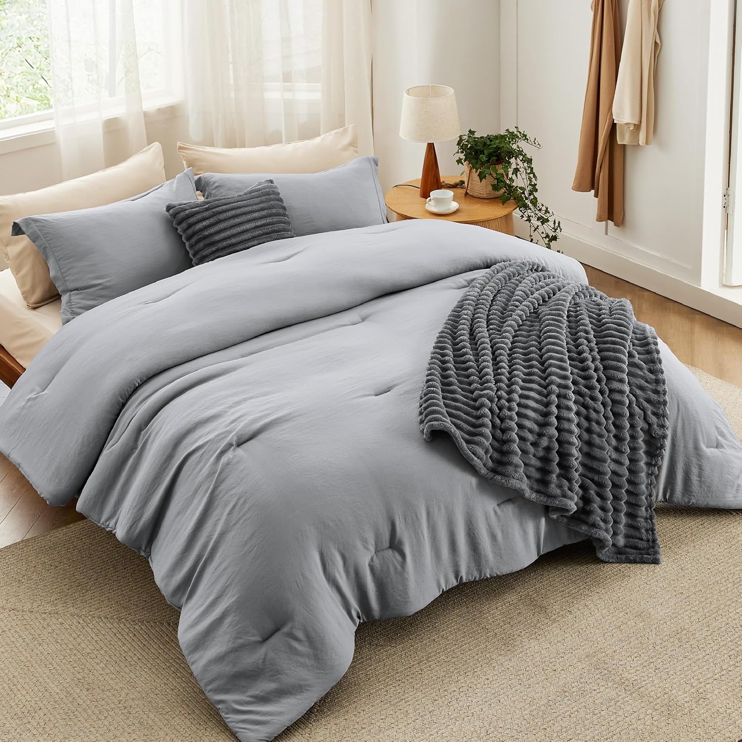 image:imageBedsure Comforter Queen Size 5 Pieces Queen Size Comforter Set with Checkered Throw Blanket and Decorative Pillow Lightweiget Bedding All Season Bedding Sets Light Camel03 Dark Grey Striped