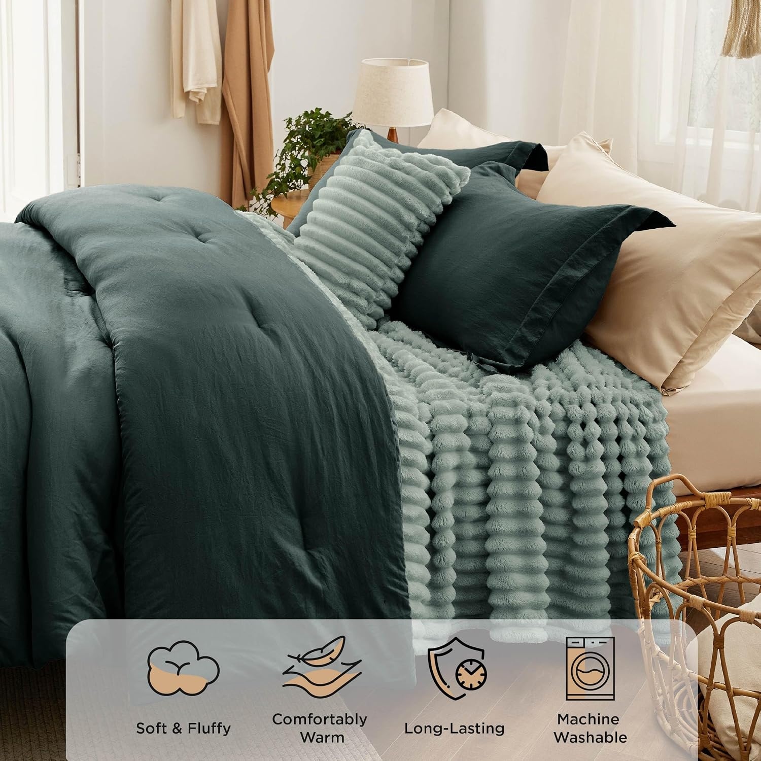 image:imageBedsure Comforter Queen Size 5 Pieces Queen Size Comforter Set with Checkered Throw Blanket and Decorative Pillow Lightweiget Bedding All Season Bedding Sets Light Camel03 Emerald Green