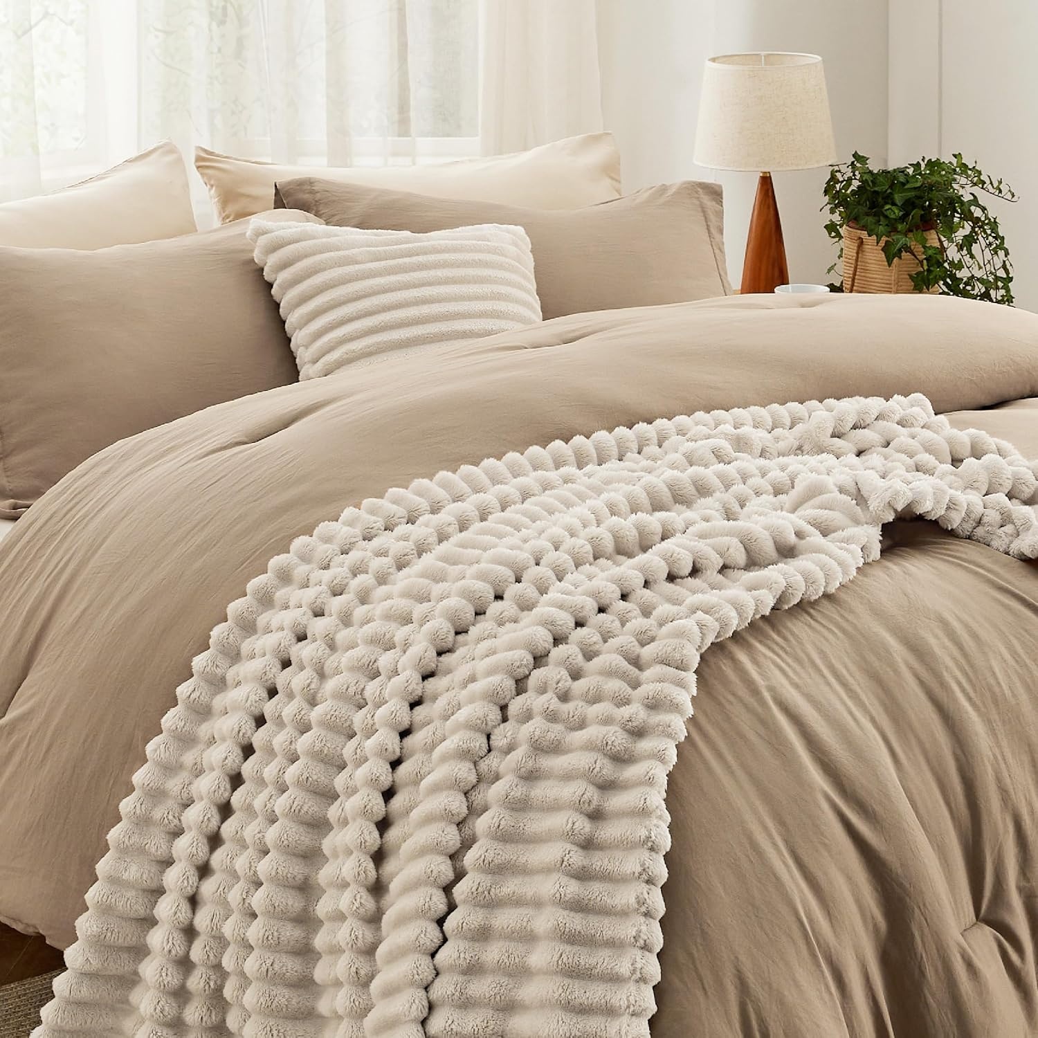 image:imageBedsure Comforter Queen Size 5 Pieces Queen Size Comforter Set with Checkered Throw Blanket and Decorative Pillow Lightweiget Bedding All Season Bedding Sets Light Camel02 Khaki Striped