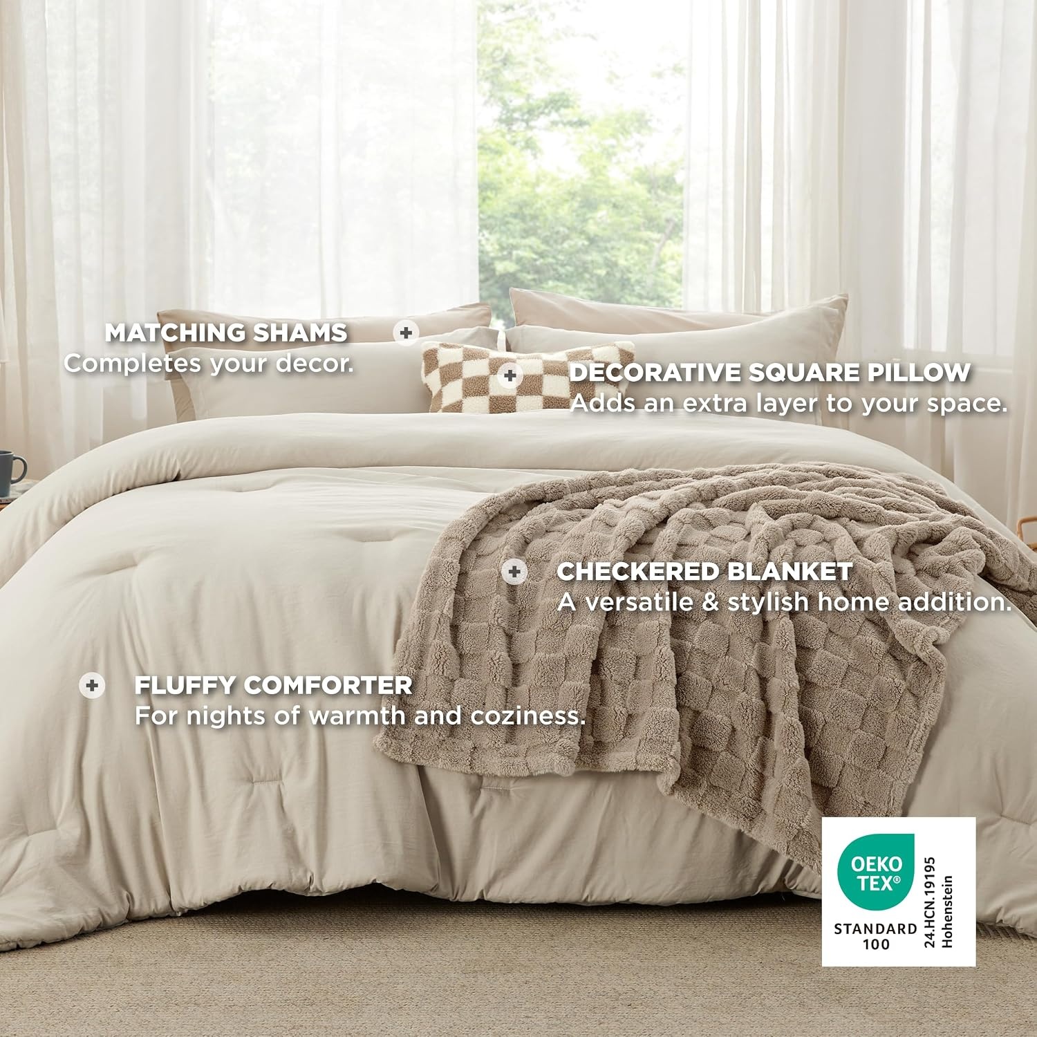 image:imageBedsure Comforter Queen Size 5 Pieces Queen Size Comforter Set with Checkered Throw Blanket and Decorative Pillow Lightweiget Bedding All Season Bedding Sets Light Camel01 Linen Plaid