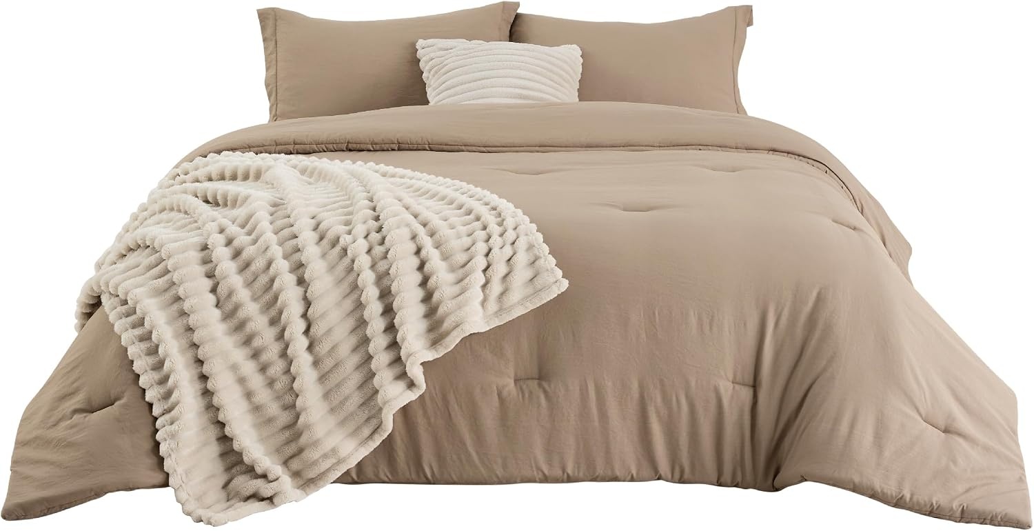 image:imageBedsure Comforter Queen Size 5 Pieces Queen Size Comforter Set with Checkered Throw Blanket and Decorative Pillow Lightweiget Bedding All Season Bedding Sets Light Camel02 Khaki Striped