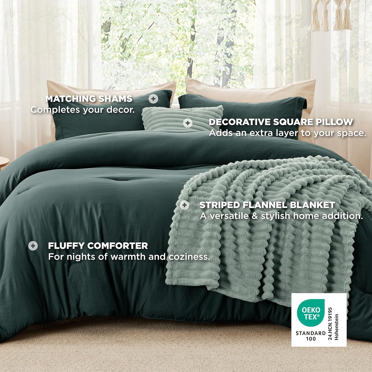 image:imageBedsure Comforter Queen Size 5 Pieces Queen Size Comforter Set with Checkered Throw Blanket and Decorative Pillow Lightweiget Bedding All Season Bedding Sets Light Camel03 Emerald Green