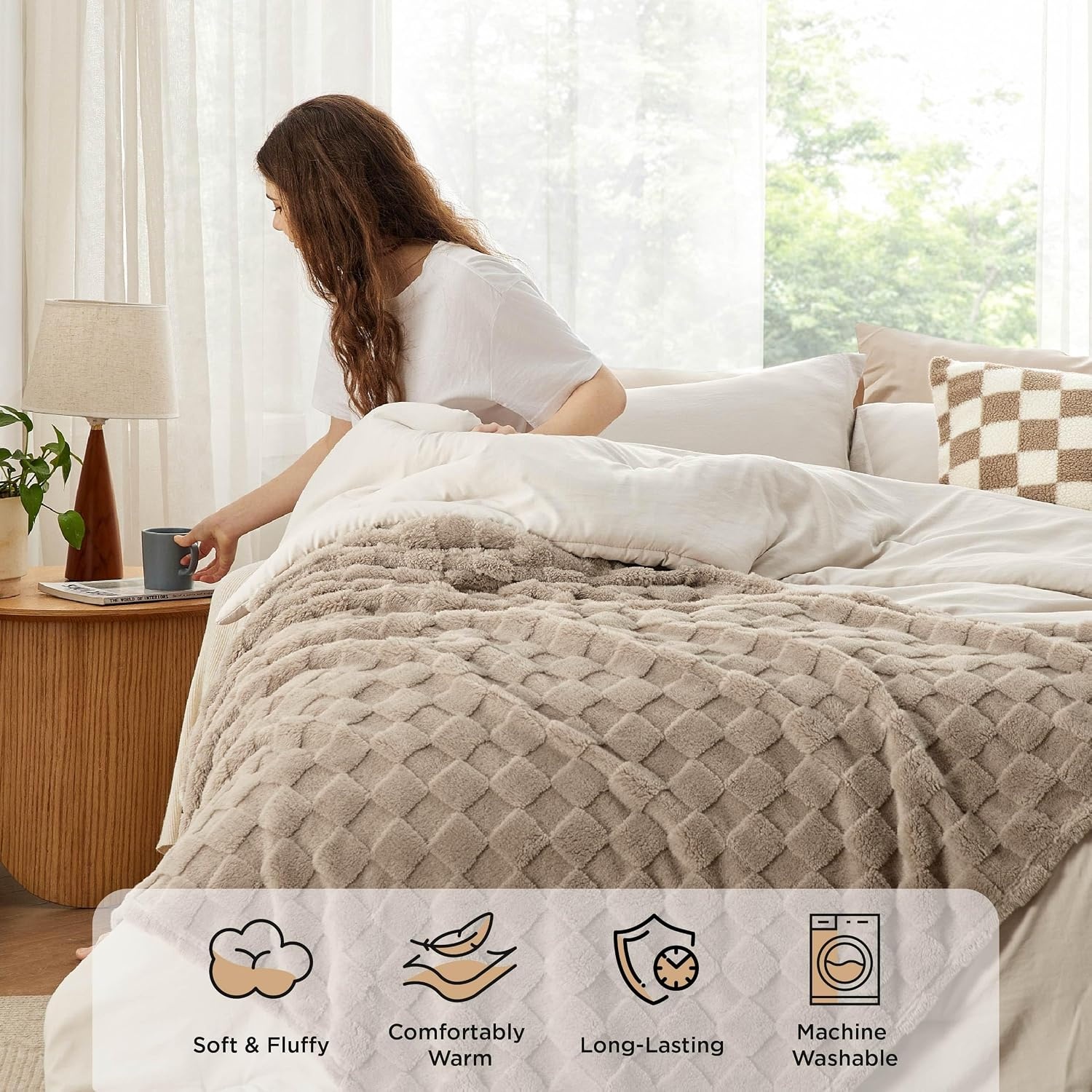 image:imageBedsure Comforter Queen Size 5 Pieces Queen Size Comforter Set with Checkered Throw Blanket and Decorative Pillow Lightweiget Bedding All Season Bedding Sets Light Camel01 Linen Plaid