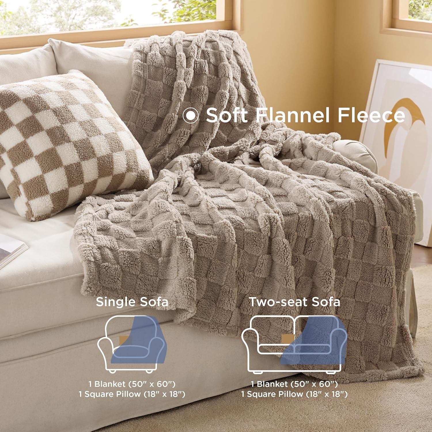 image:imageBedsure Comforter Queen Size 5 Pieces Queen Size Comforter Set with Checkered Throw Blanket and Decorative Pillow Lightweiget Bedding All Season Bedding Sets Light Camel01 Linen Plaid
