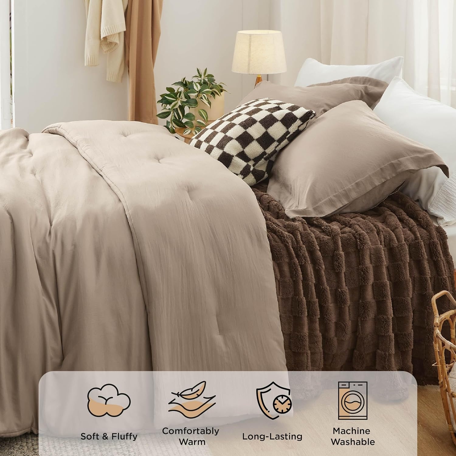 image:imageBedsure Comforter Queen Size 5 Pieces Queen Size Comforter Set with Checkered Throw Blanket and Decorative Pillow Lightweiget Bedding All Season Bedding Sets Light Camel04 Light Camel