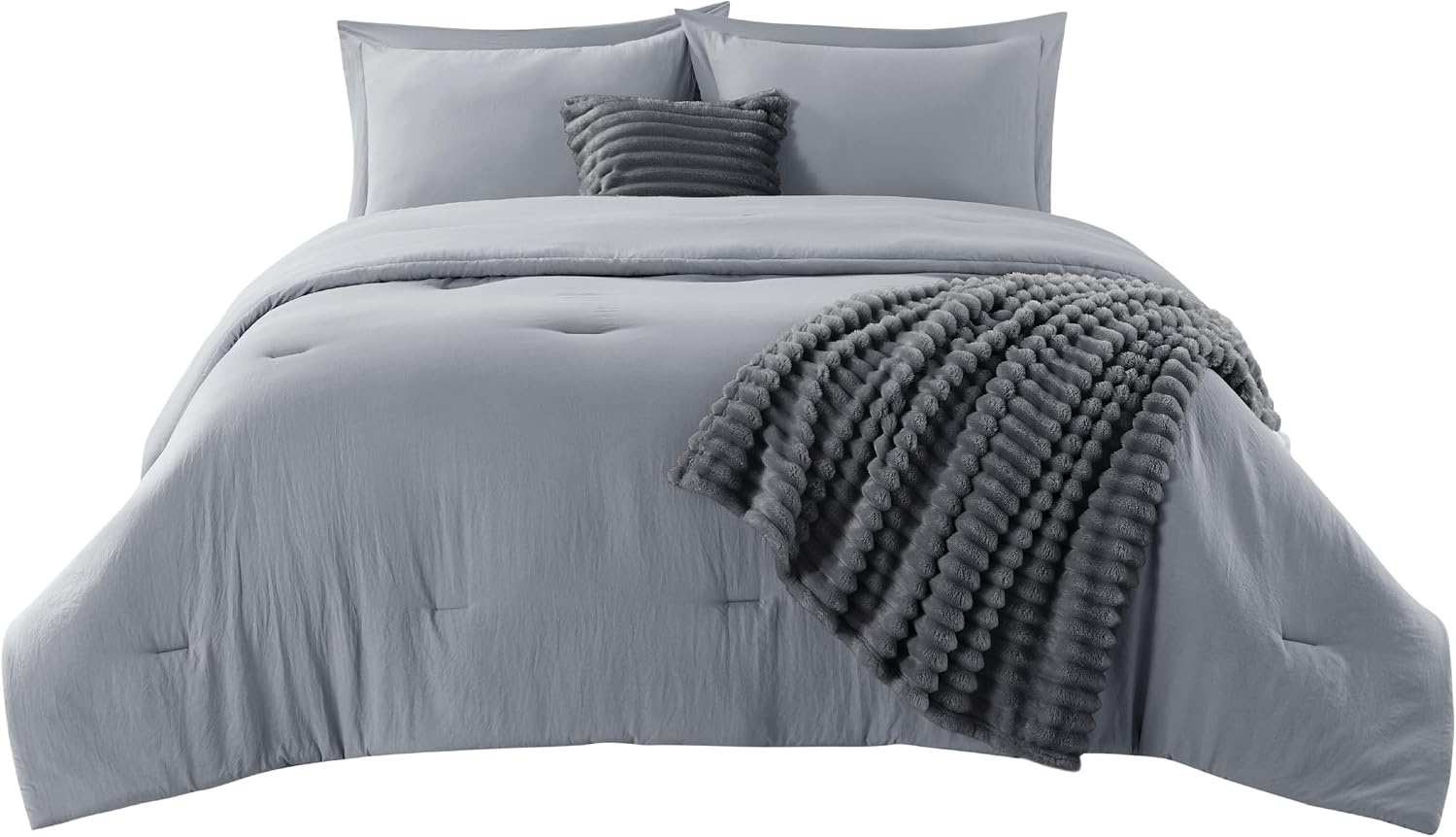 image:imageBedsure Comforter Queen Size 5 Pieces Queen Size Comforter Set with Checkered Throw Blanket and Decorative Pillow Lightweiget Bedding All Season Bedding Sets Light Camel03 Dark Grey Striped