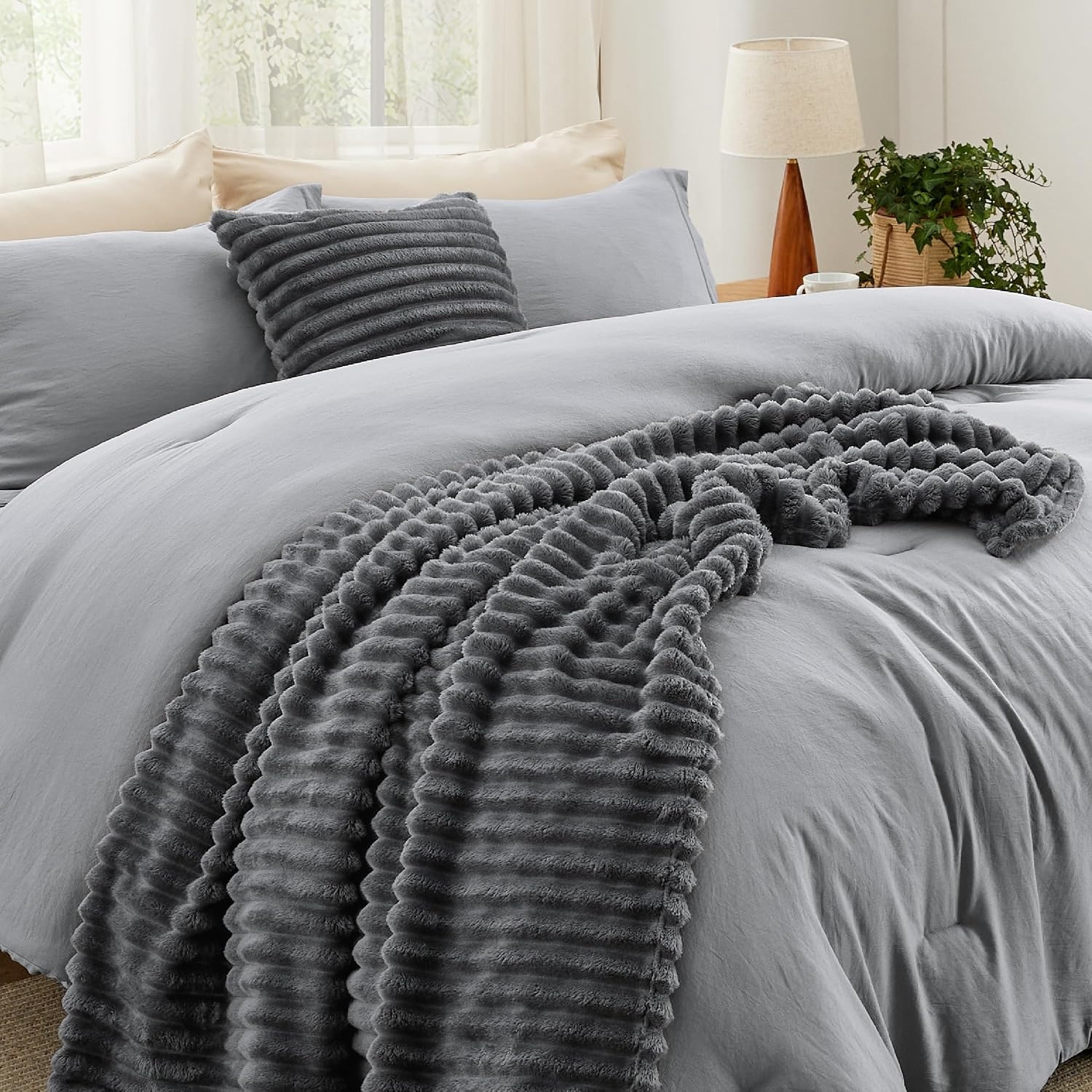 image:imageBedsure Comforter Queen Size 5 Pieces Queen Size Comforter Set with Checkered Throw Blanket and Decorative Pillow Lightweiget Bedding All Season Bedding Sets Light Camel03 Dark Grey Striped