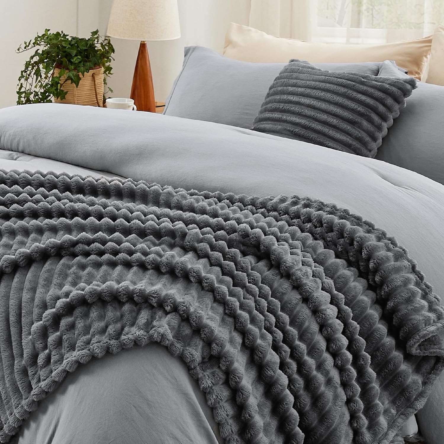 image:imageBedsure Comforter Queen Size 5 Pieces Queen Size Comforter Set with Checkered Throw Blanket and Decorative Pillow Lightweiget Bedding All Season Bedding Sets Light Camel03 Dark Grey Striped