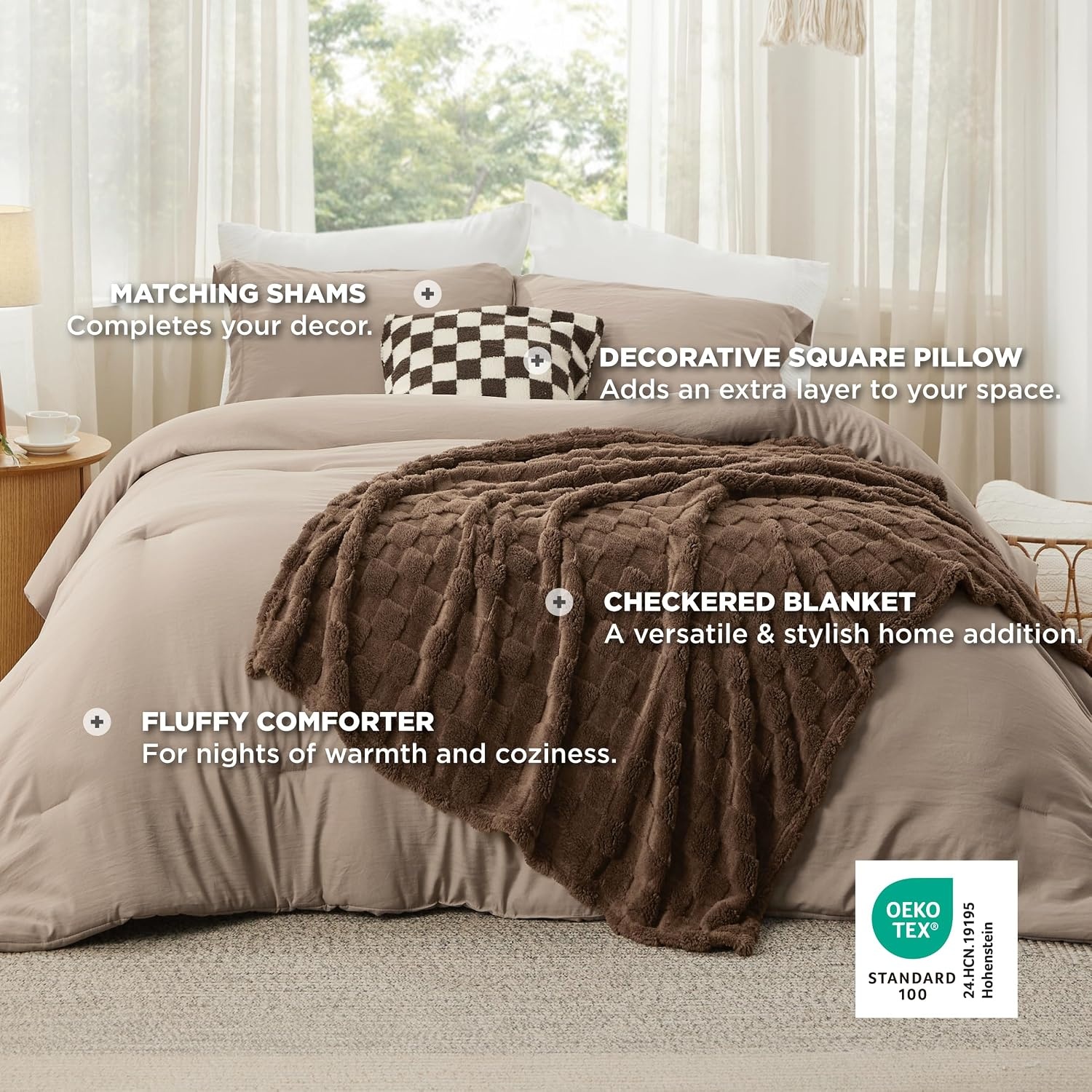 image:imageBedsure Comforter Queen Size 5 Pieces Queen Size Comforter Set with Checkered Throw Blanket and Decorative Pillow Lightweiget Bedding All Season Bedding Sets Light Camel04 Light Camel