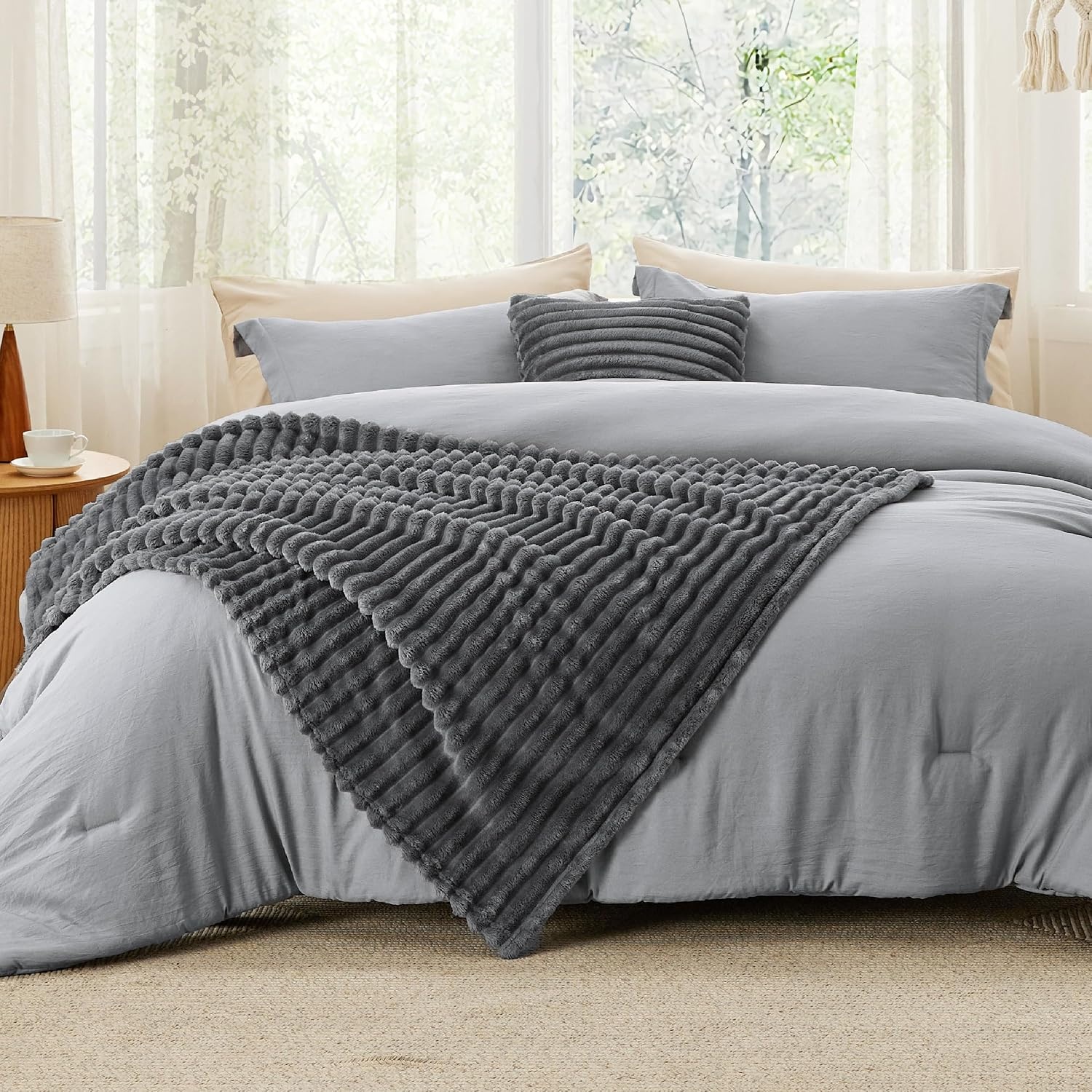 image:imageBedsure Comforter Queen Size 5 Pieces Queen Size Comforter Set with Checkered Throw Blanket and Decorative Pillow Lightweiget Bedding All Season Bedding Sets Light Camel03 Dark Grey Striped