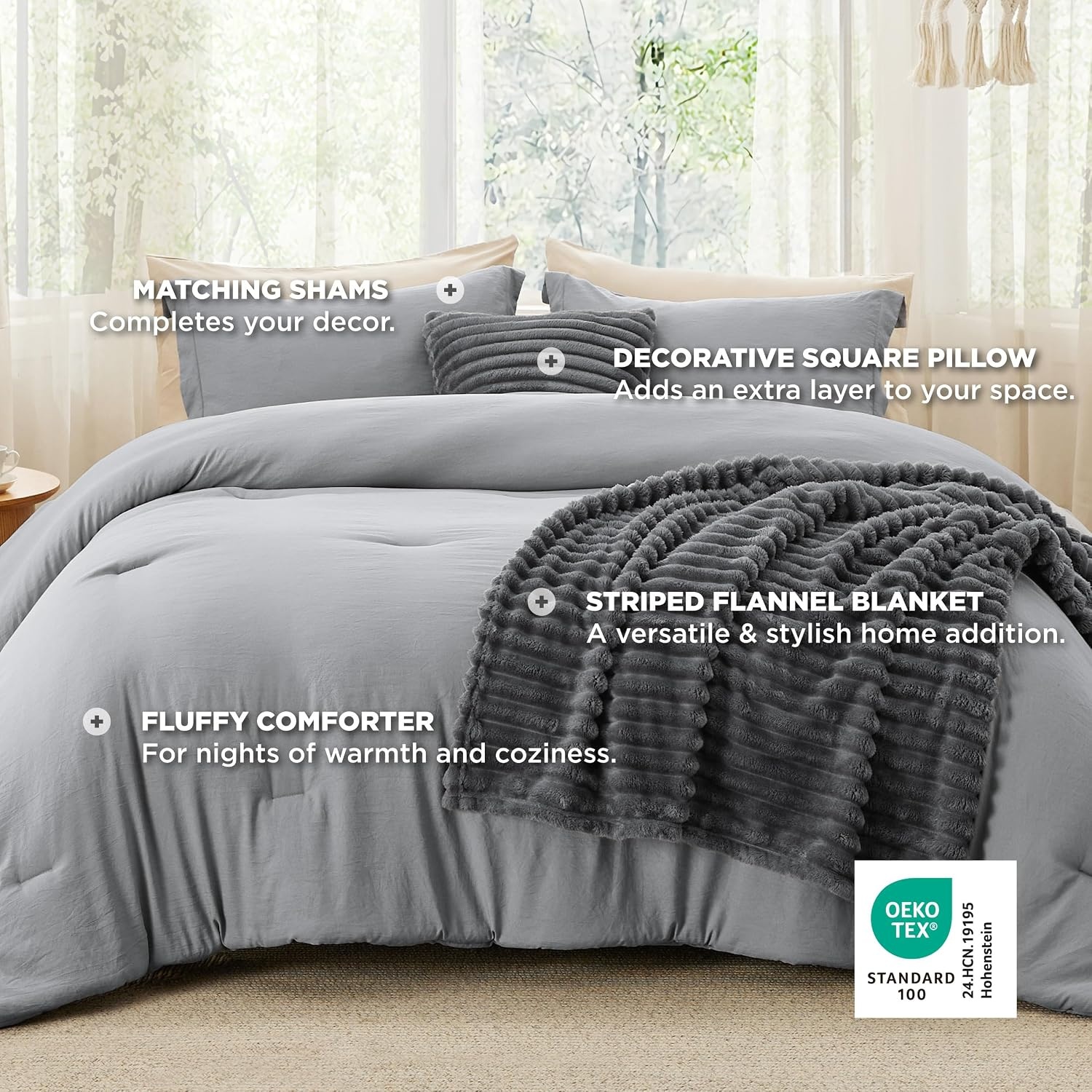image:imageBedsure Comforter Queen Size 5 Pieces Queen Size Comforter Set with Checkered Throw Blanket and Decorative Pillow Lightweiget Bedding All Season Bedding Sets Light Camel03 Dark Grey Striped