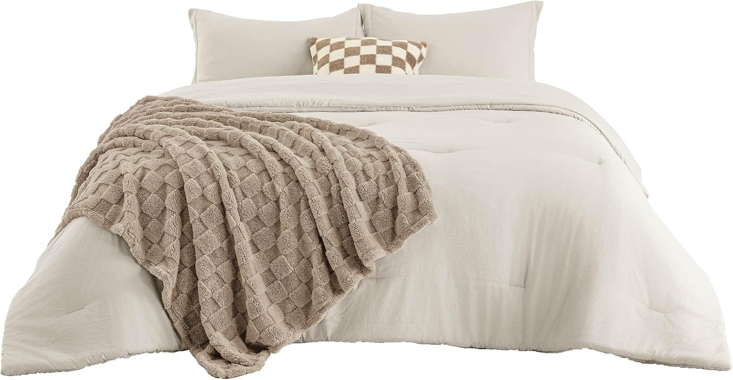 image:imageBedsure Comforter Queen Size 5 Pieces Queen Size Comforter Set with Checkered Throw Blanket and Decorative Pillow Lightweiget Bedding All Season Bedding Sets Light Camel01 Linen Plaid