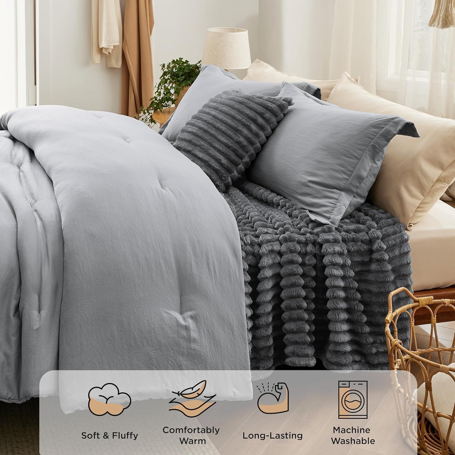 image:imageBedsure Comforter Queen Size 5 Pieces Queen Size Comforter Set with Checkered Throw Blanket and Decorative Pillow Lightweiget Bedding All Season Bedding Sets Light Camel03 Dark Grey Striped