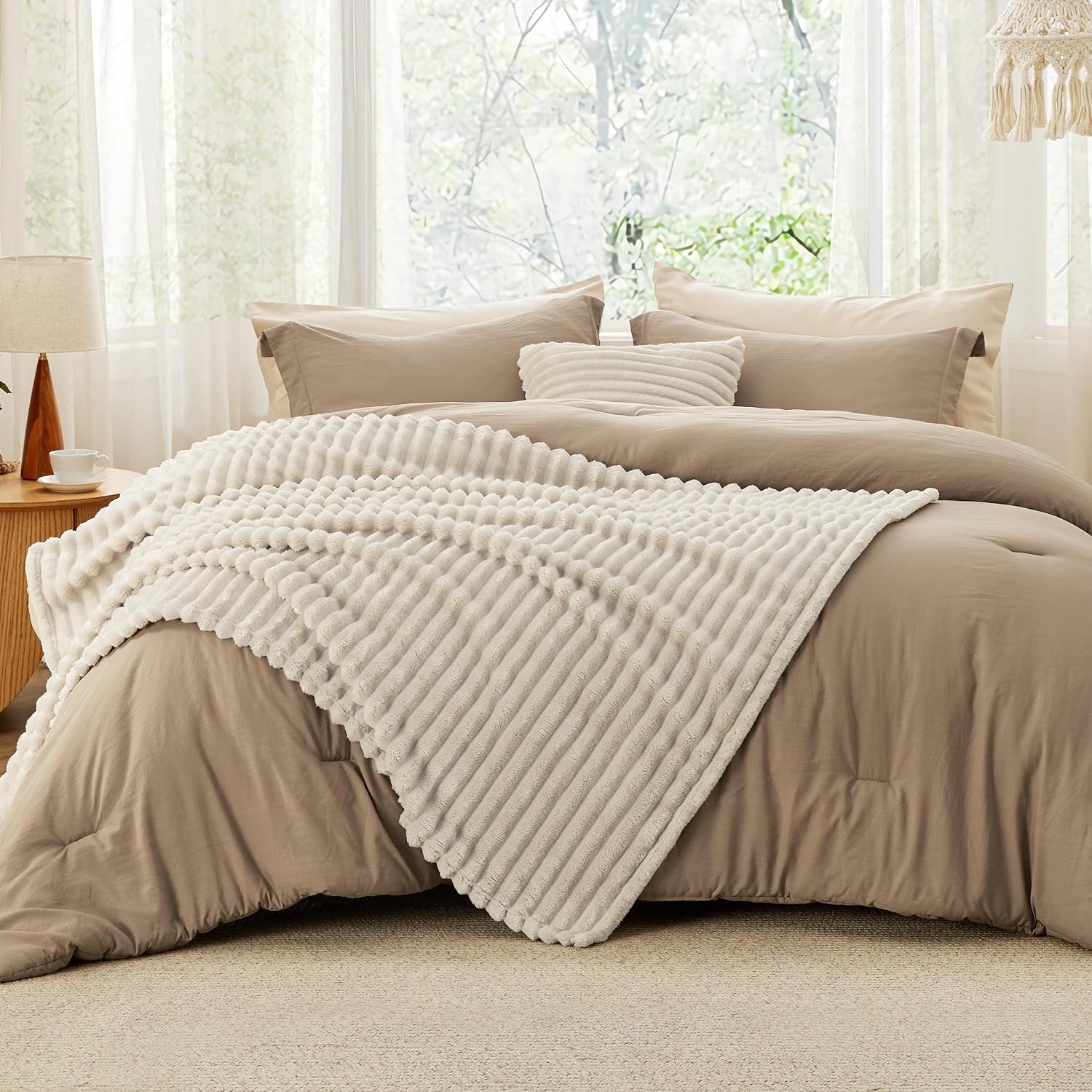 image:imageBedsure Comforter Queen Size 5 Pieces Queen Size Comforter Set with Checkered Throw Blanket and Decorative Pillow Lightweiget Bedding All Season Bedding Sets Light Camel02 Khaki Striped
