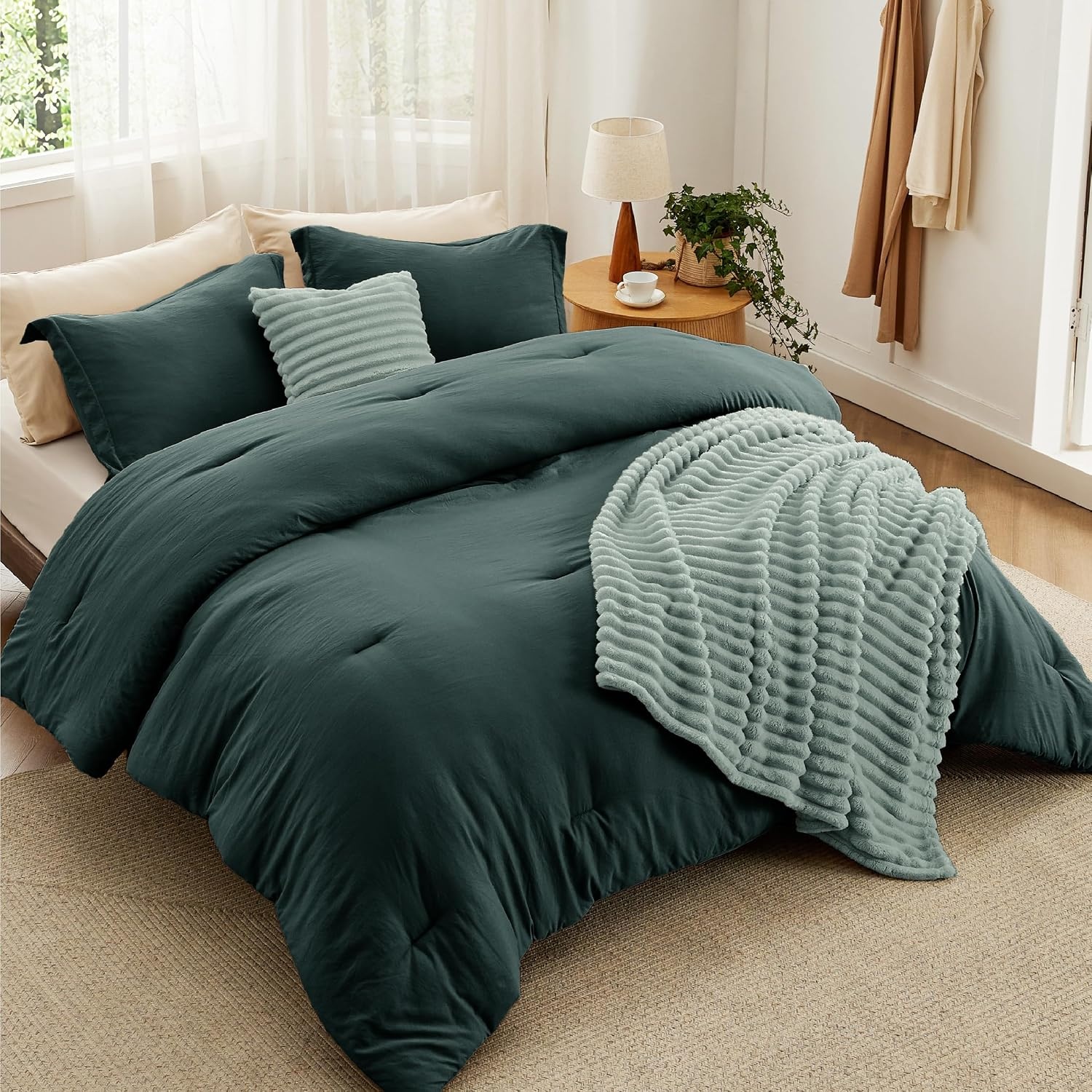 image:imageBedsure Comforter Queen Size 5 Pieces Queen Size Comforter Set with Checkered Throw Blanket and Decorative Pillow Lightweiget Bedding All Season Bedding Sets Light Camel03 Emerald Green