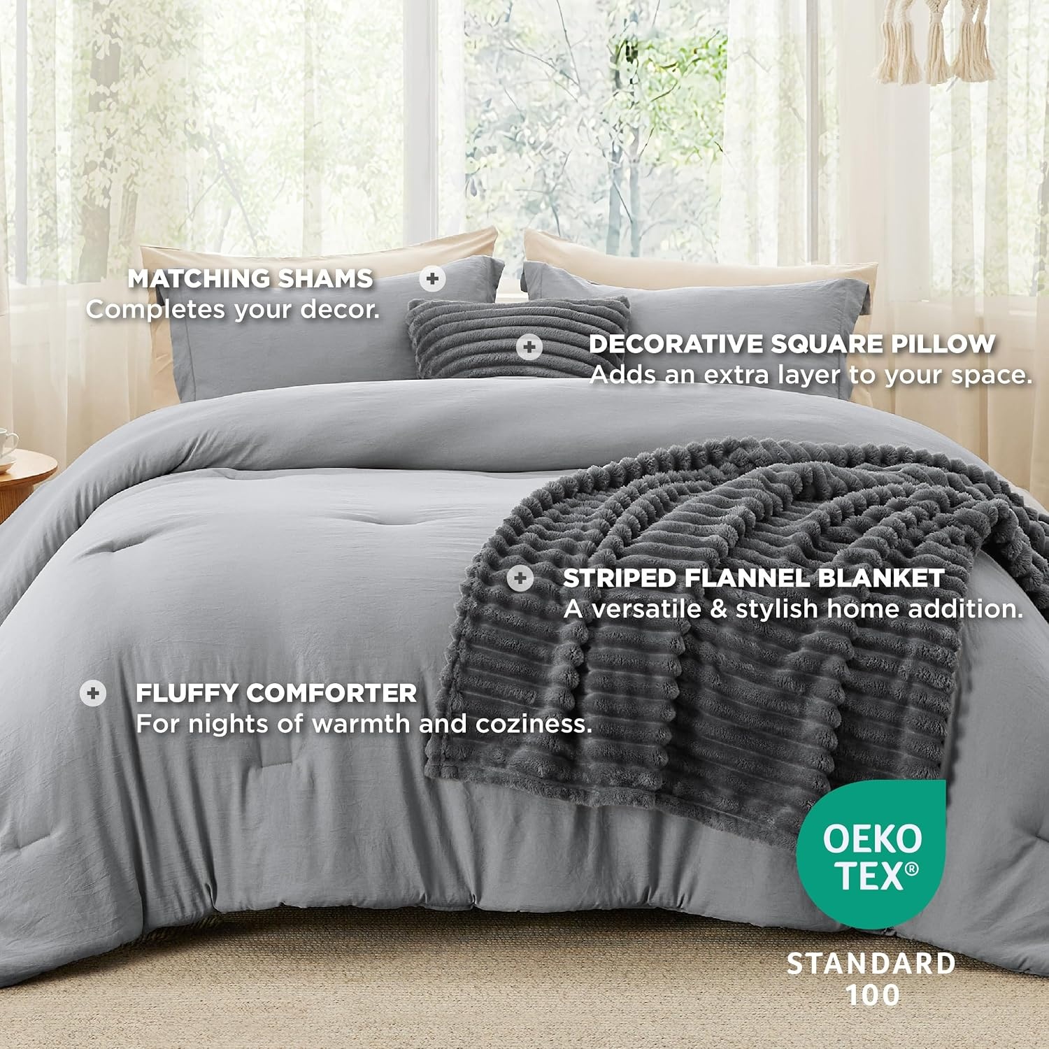 image:imageBedsure Comforter Queen Size 5 Pieces Queen Size Comforter Set with Checkered Throw Blanket and Decorative Pillow Lightweiget Bedding All Season Bedding Sets Light Camel03 Dark Grey Striped