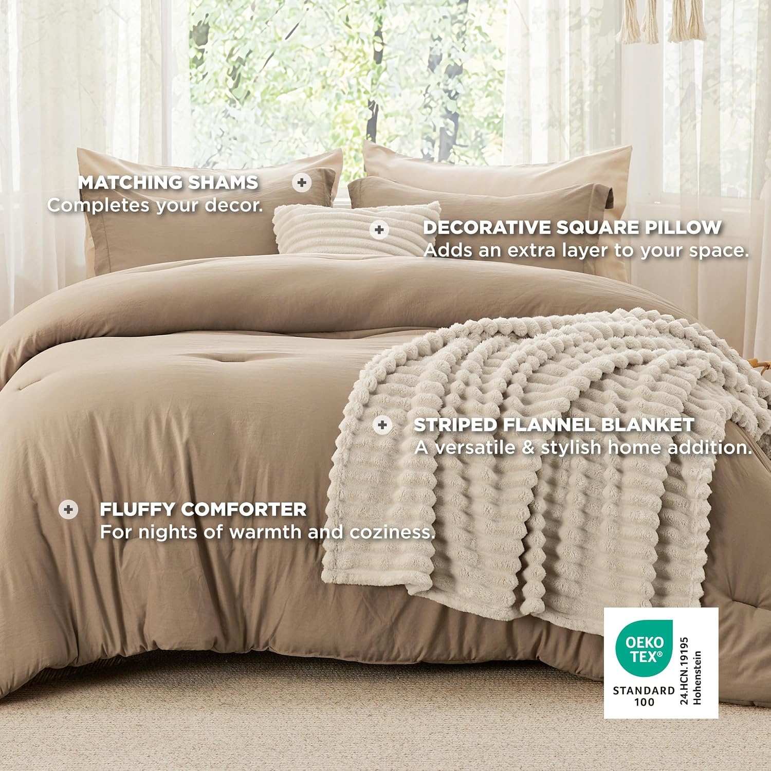 image:imageBedsure Comforter Queen Size 5 Pieces Queen Size Comforter Set with Checkered Throw Blanket and Decorative Pillow Lightweiget Bedding All Season Bedding Sets Light Camel02 Khaki Striped
