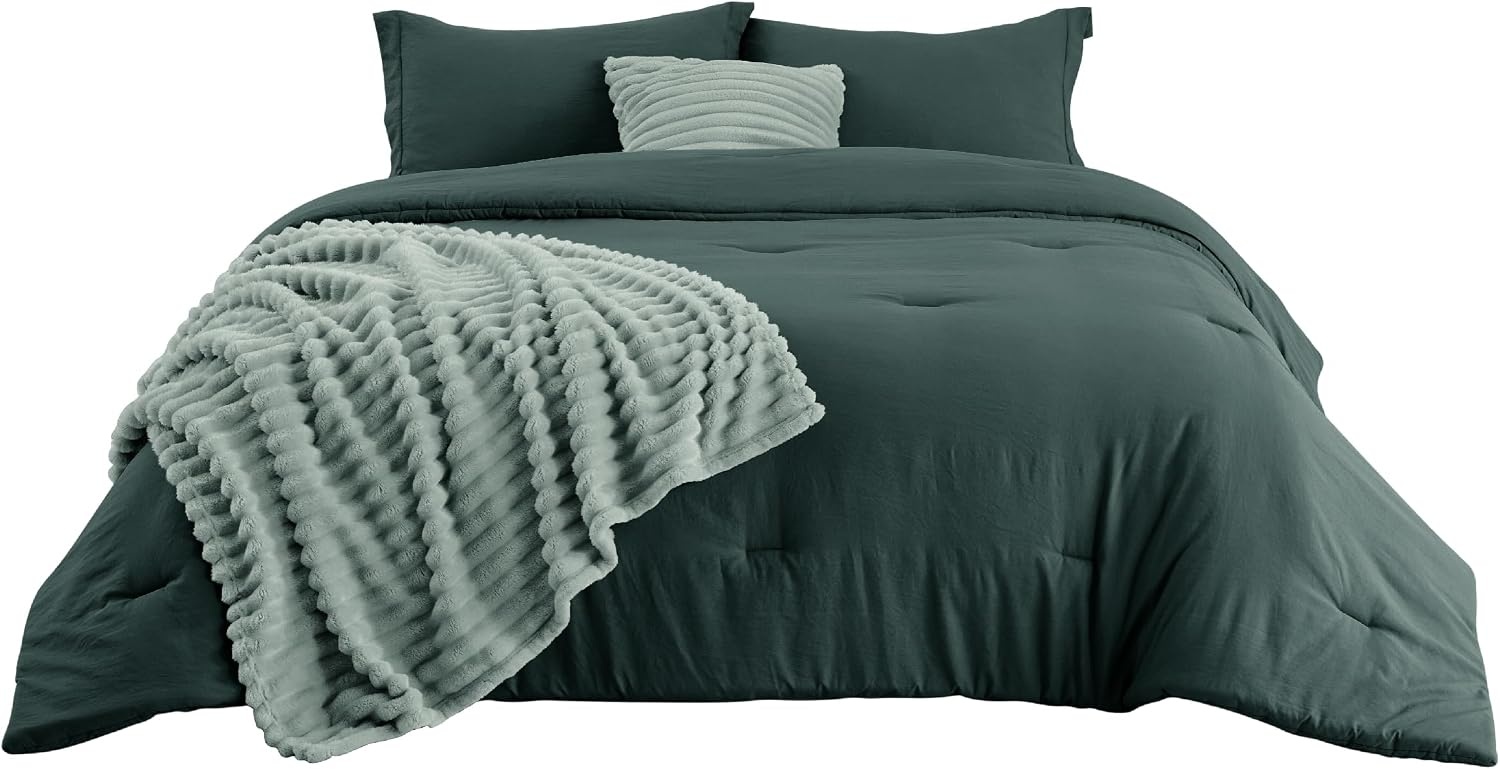 image:imageBedsure Comforter Queen Size 5 Pieces Queen Size Comforter Set with Checkered Throw Blanket and Decorative Pillow Lightweiget Bedding All Season Bedding Sets Light Camel03 Emerald Green