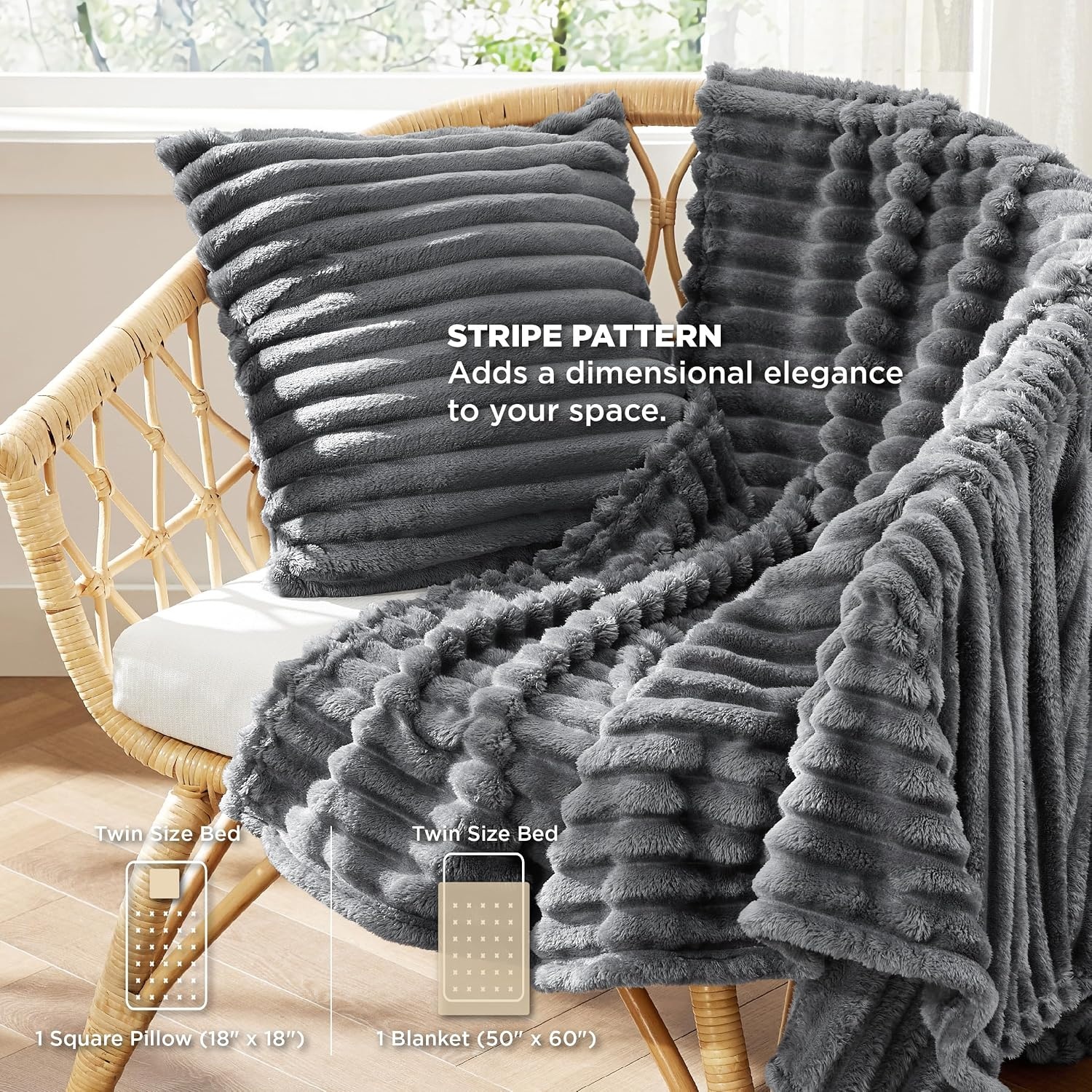 image:imageBedsure Comforter Queen Size 5 Pieces Queen Size Comforter Set with Checkered Throw Blanket and Decorative Pillow Lightweiget Bedding All Season Bedding Sets Light Camel03 Dark Grey Striped