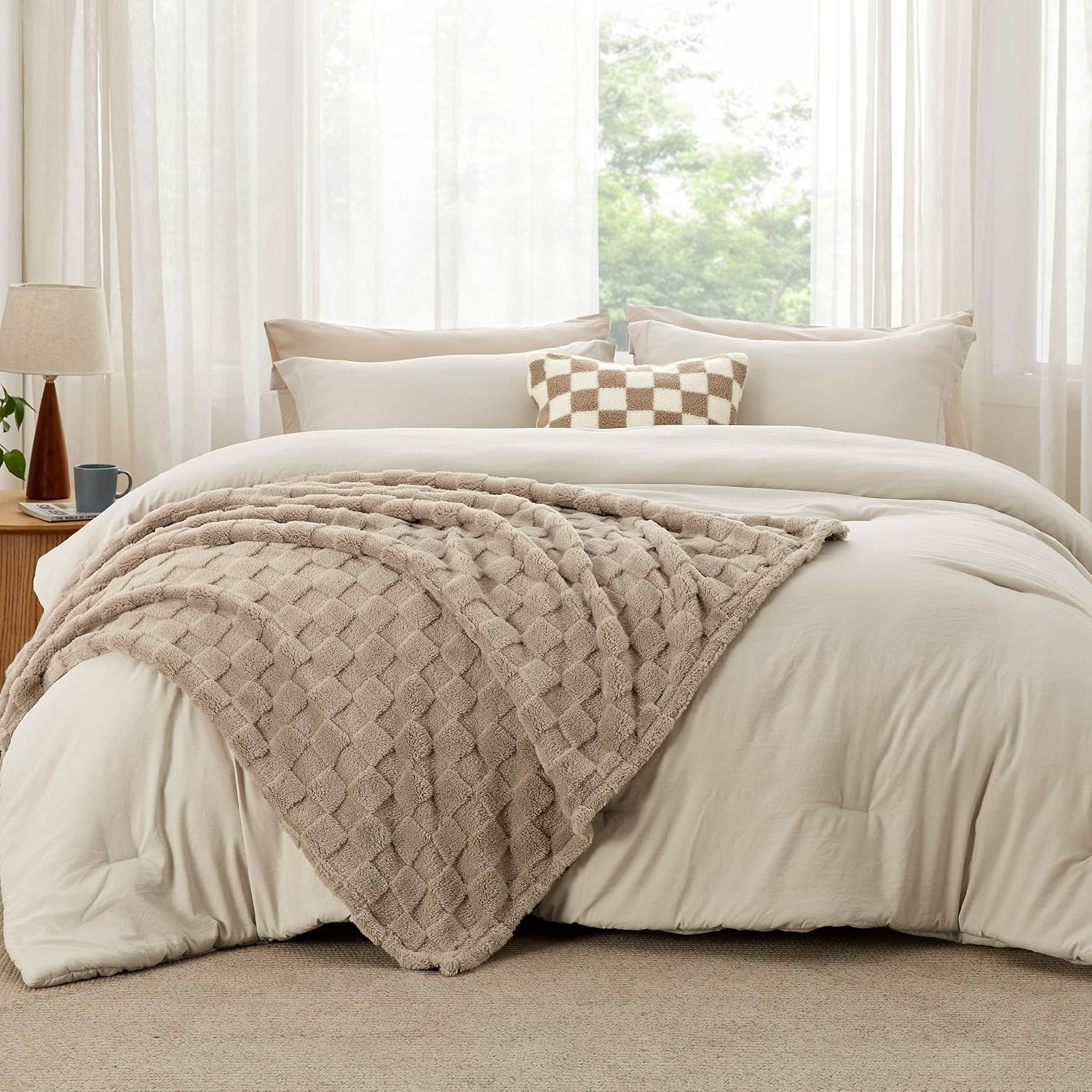 image:imageBedsure Comforter Queen Size 5 Pieces Queen Size Comforter Set with Checkered Throw Blanket and Decorative Pillow Lightweiget Bedding All Season Bedding Sets Light Camel01 Linen Plaid