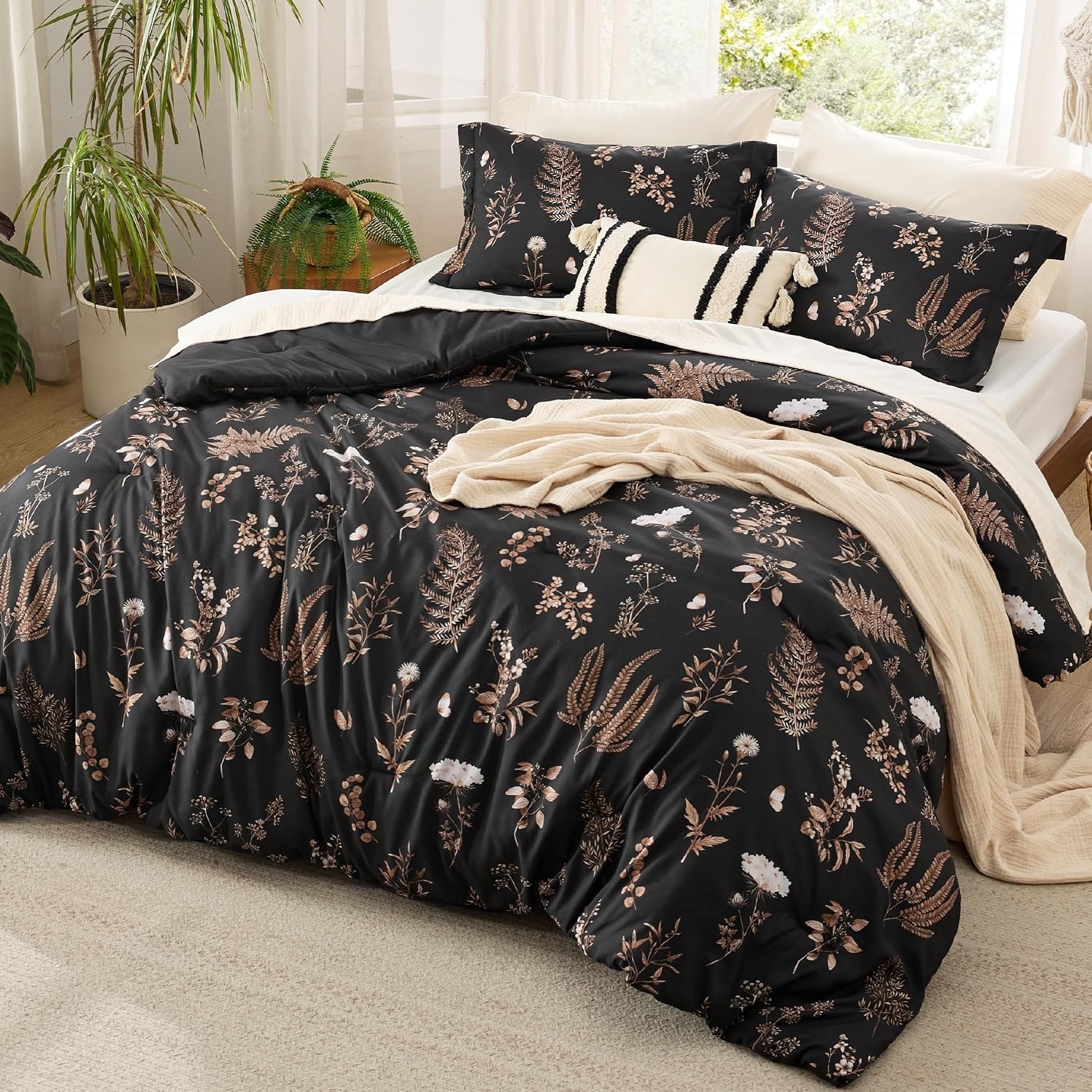 image:imageBedsure Comforter Set Queen Size Cute Floral Bedding Comforter Set 3 Pieces 1 Soft Reversible Olive Green Woodland Floral Flowers Comforter and 2 Pillow ShamsTree