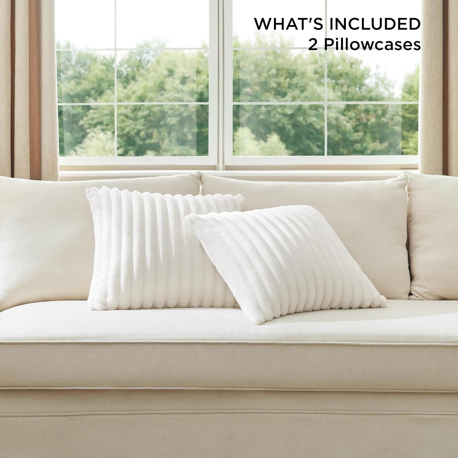 image:imageBedsure Fleece Striped Decorative Throw Pillow Covers Linen 18x18 Set of 2 DoubleSide Fluffy Soft Home Decor for Couch Sofa Living Room Bedroom01off White