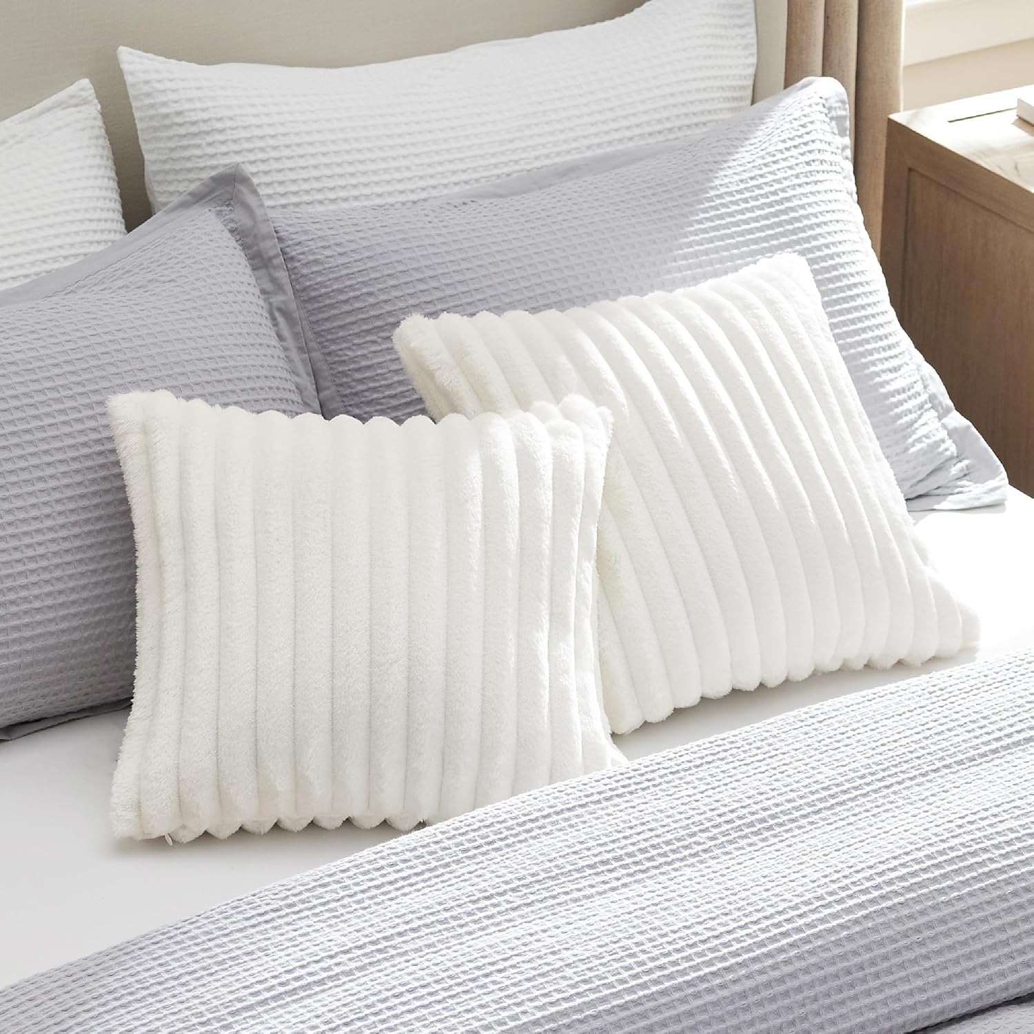 image:imageBedsure Fleece Striped Decorative Throw Pillow Covers Linen 18x18 Set of 2 DoubleSide Fluffy Soft Home Decor for Couch Sofa Living Room Bedroom01off White