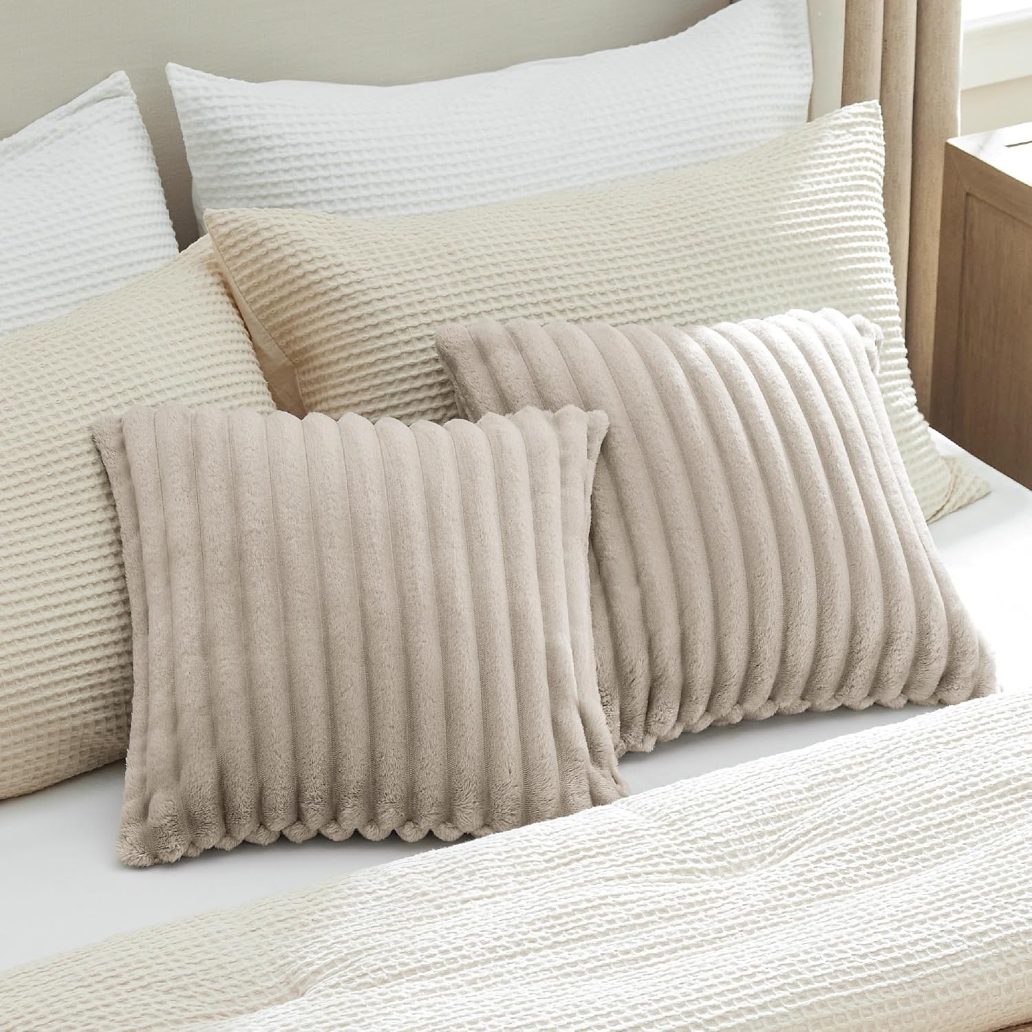 image:imageBedsure Fleece Striped Decorative Throw Pillow Covers Linen 18x18 Set of 2 DoubleSide Fluffy Soft Home Decor for Couch Sofa Living Room Bedroom08linen