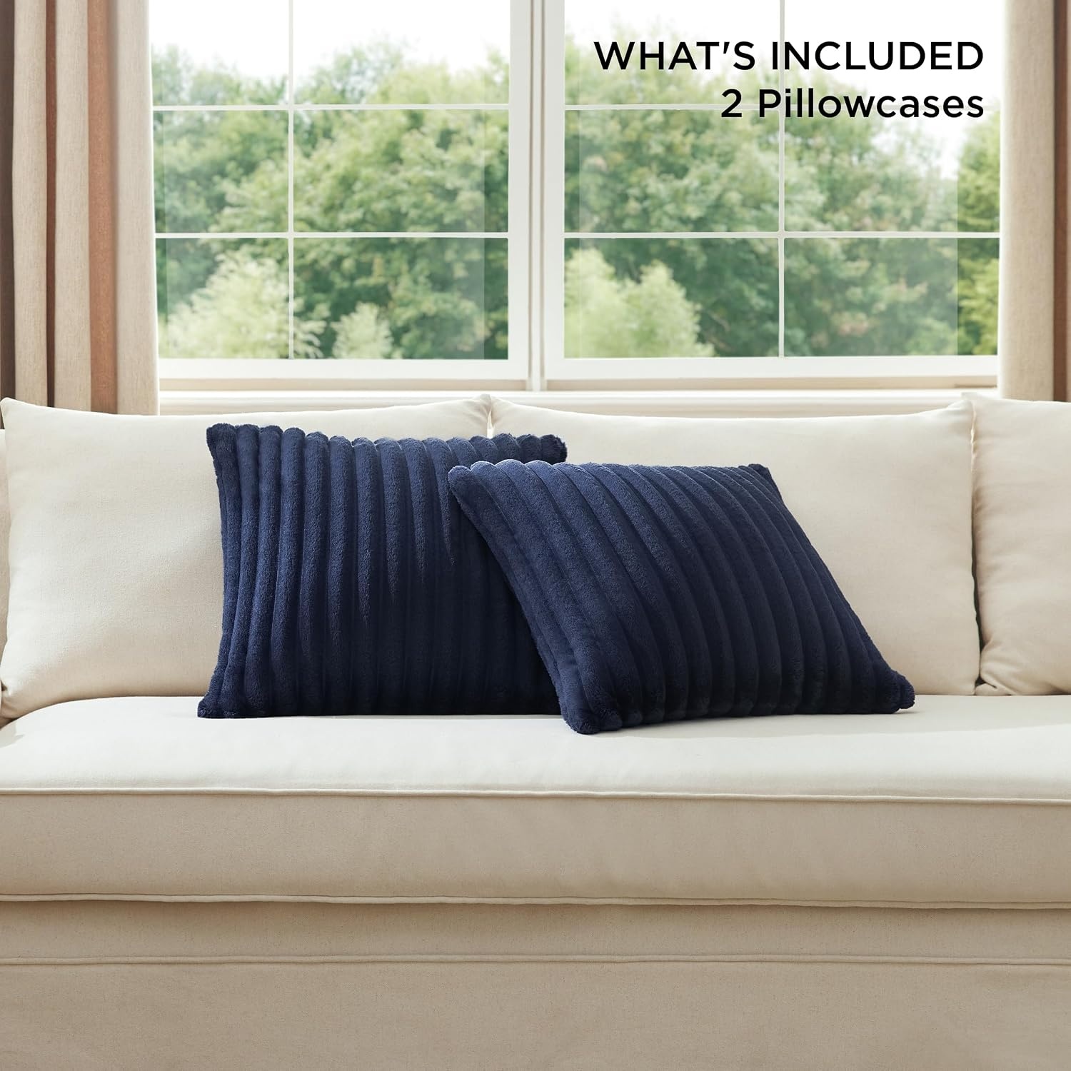 image:imageBedsure Fleece Striped Decorative Throw Pillow Covers Linen 18x18 Set of 2 DoubleSide Fluffy Soft Home Decor for Couch Sofa Living Room Bedroom10blue