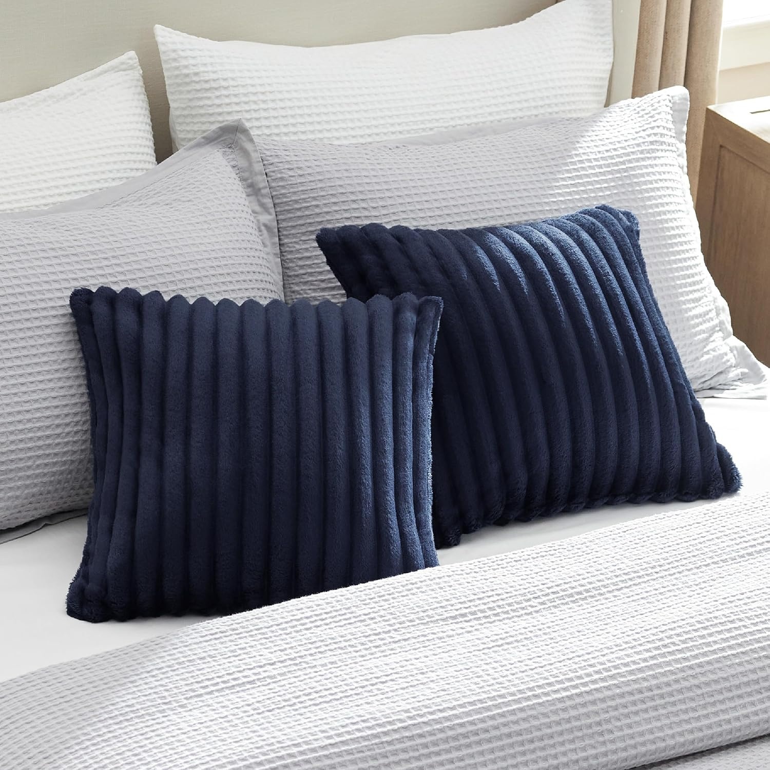 image:imageBedsure Fleece Striped Decorative Throw Pillow Covers Linen 18x18 Set of 2 DoubleSide Fluffy Soft Home Decor for Couch Sofa Living Room Bedroom10blue