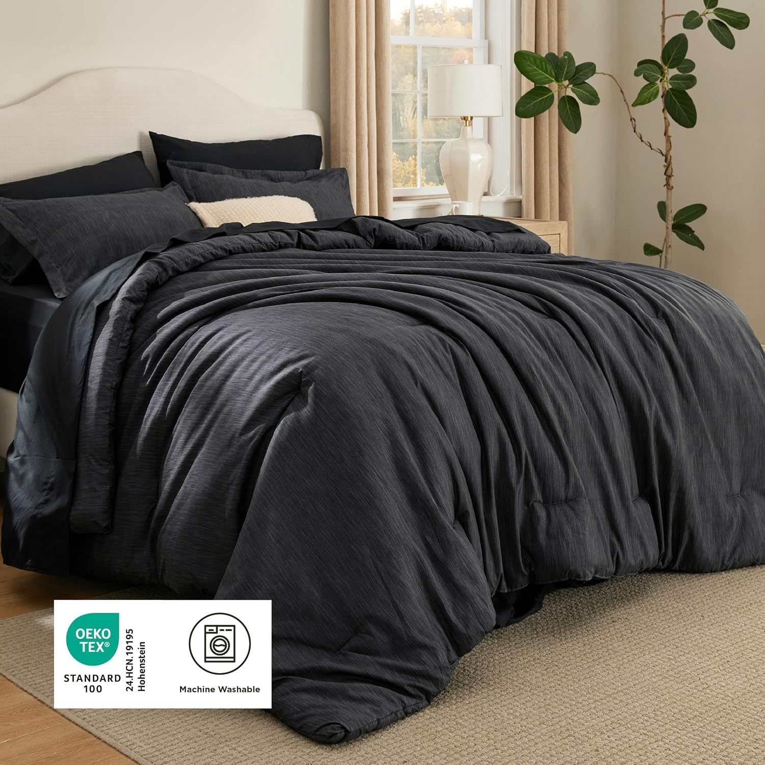 image:imageBedsure King Size Comforter Set Beige Bed in a Bag King 7 Pieces Cationic Dyed Bed Set Gift for Family Soft Bedding for All Seasons Comforter with Sheets Pillowcases amp ShamsBlack