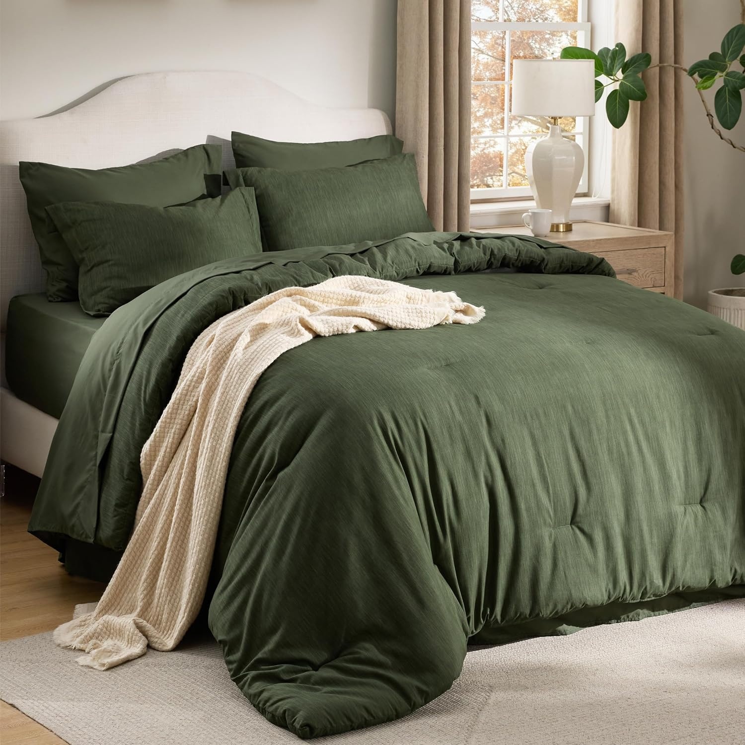 image:imageBedsure King Size Comforter Set Beige Bed in a Bag King 7 Pieces Cationic Dyed Bed Set Gift for Family Soft Bedding for All Seasons Comforter with Sheets Pillowcases amp ShamsDark Green
