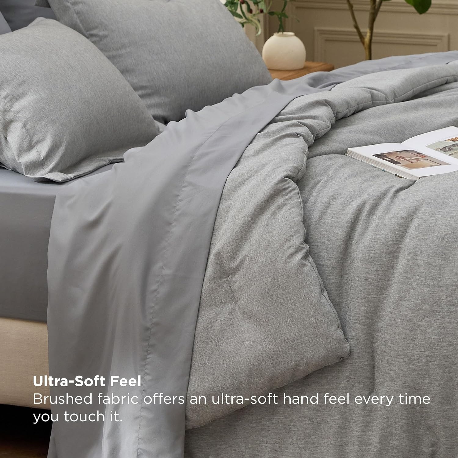 image:imageBedsure King Size Comforter Set Beige Bed in a Bag King 7 Pieces Cationic Dyed Bed Set Gift for Family Soft Bedding for All Seasons Comforter with Sheets Pillowcases amp ShamsDark Grey
