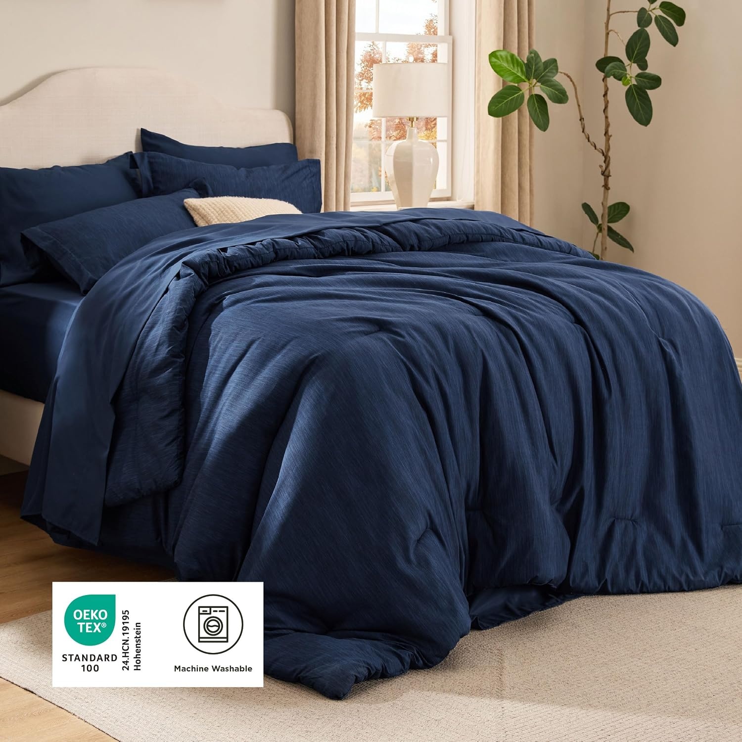 image:imageBedsure King Size Comforter Set Beige Bed in a Bag King 7 Pieces Cationic Dyed Bed Set Gift for Family Soft Bedding for All Seasons Comforter with Sheets Pillowcases amp ShamsNavy