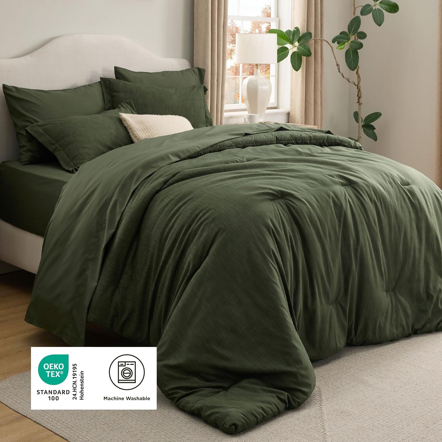 image:imageBedsure King Size Comforter Set Beige Bed in a Bag King 7 Pieces Cationic Dyed Bed Set Gift for Family Soft Bedding for All Seasons Comforter with Sheets Pillowcases amp ShamsDark Green