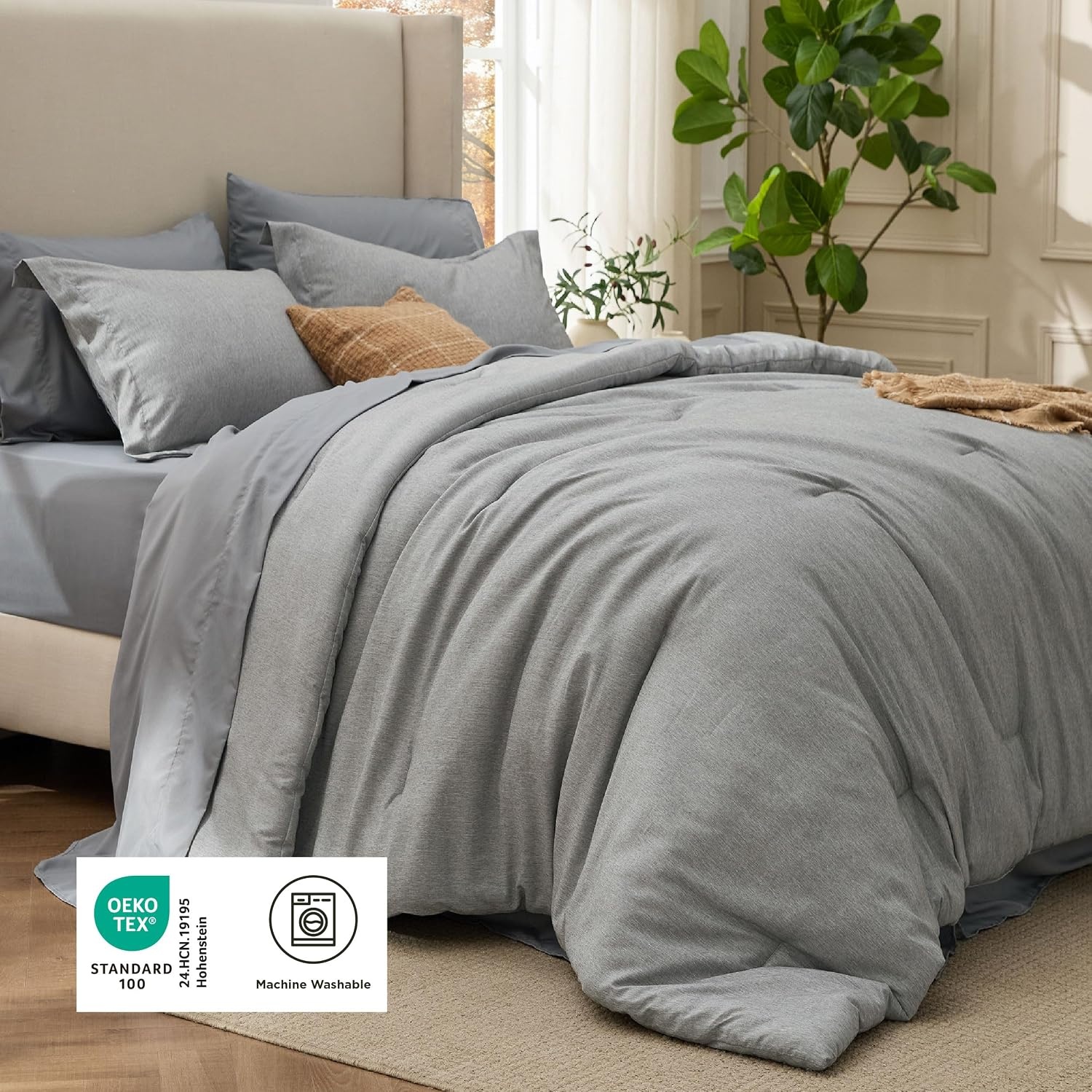 image:imageBedsure King Size Comforter Set Beige Bed in a Bag King 7 Pieces Cationic Dyed Bed Set Gift for Family Soft Bedding for All Seasons Comforter with Sheets Pillowcases amp ShamsDark Grey