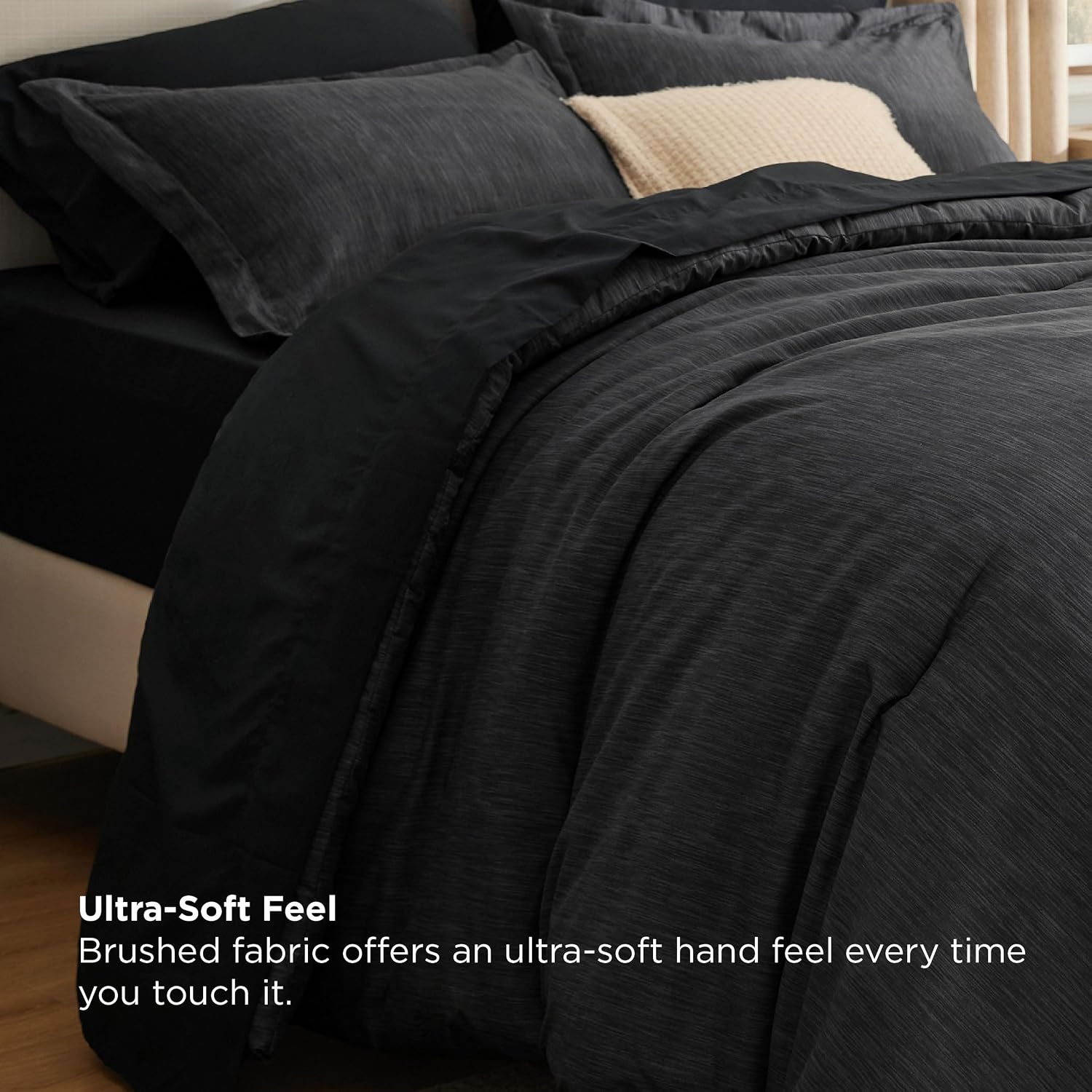 image:imageBedsure King Size Comforter Set Beige Bed in a Bag King 7 Pieces Cationic Dyed Bed Set Gift for Family Soft Bedding for All Seasons Comforter with Sheets Pillowcases amp ShamsBlack