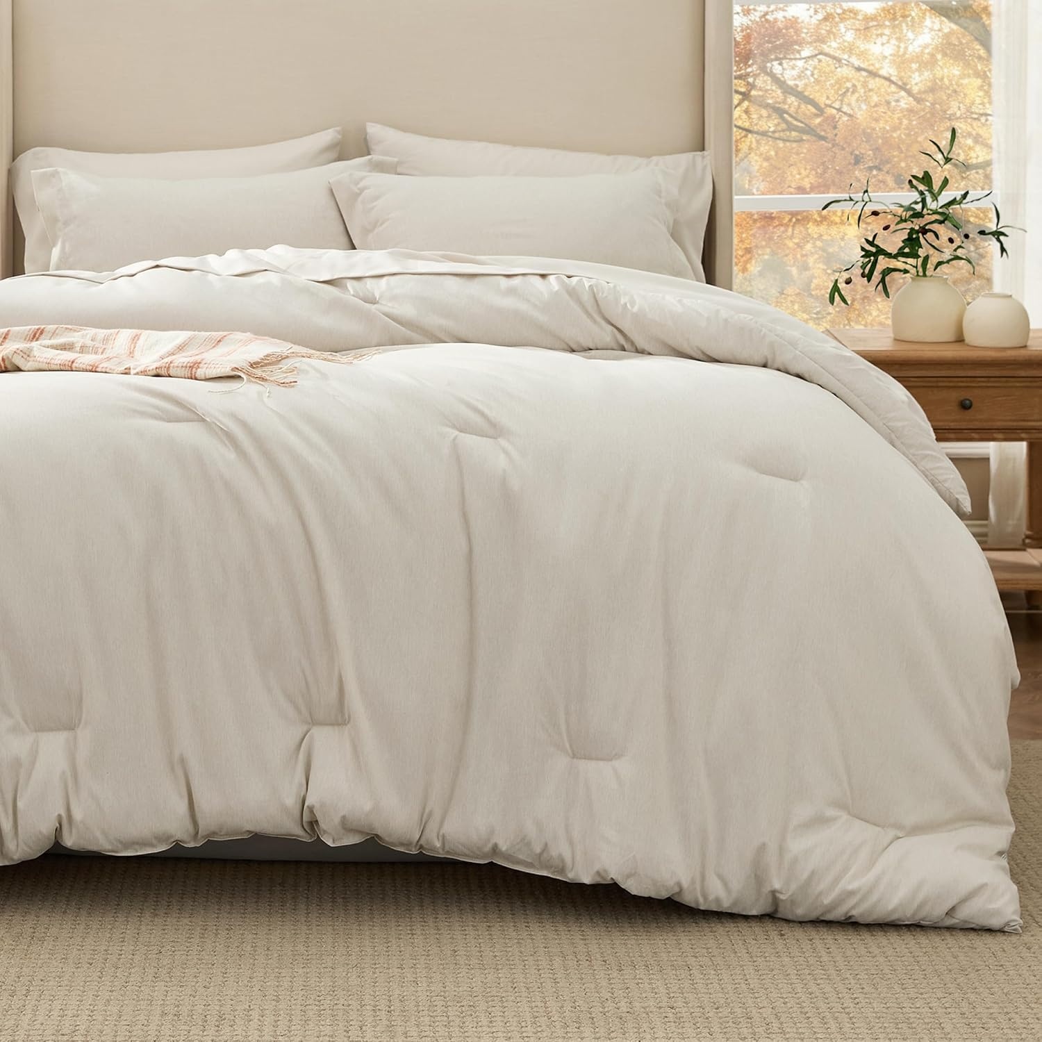 image:imageBedsure King Size Comforter Set Beige Bed in a Bag King 7 Pieces Cationic Dyed Bed Set Gift for Family Soft Bedding for All Seasons Comforter with Sheets Pillowcases amp ShamsBeige