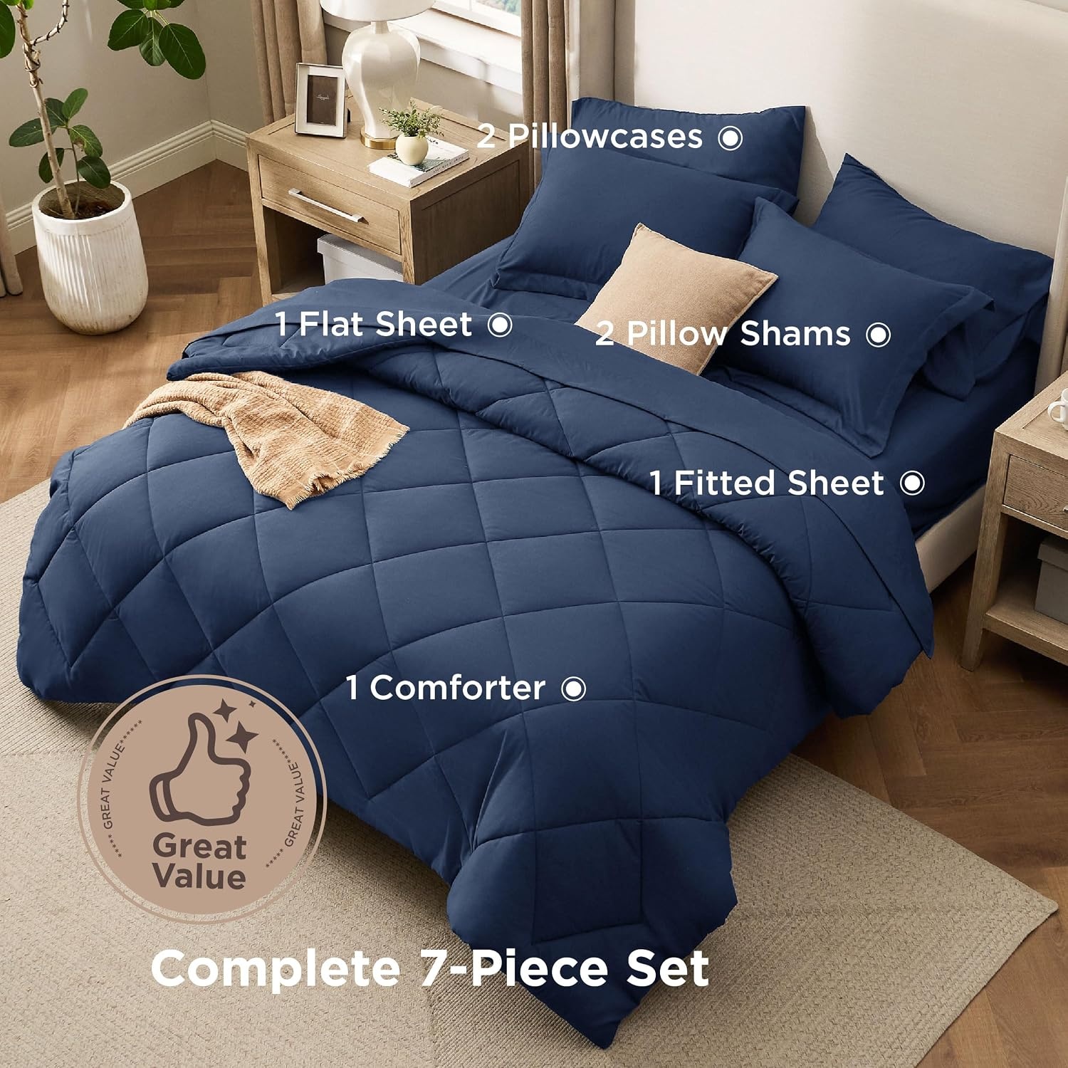 image:imageBedsure Premium Series 5 Piece Black Twin Comforter Set Goose Down Alternative All Season Medium Warmth Soft Hotel Luxury Bed in a Bag Safe for Sensitive Skin Includes Sheets Pillowcase amp Sham02 Navy Blue