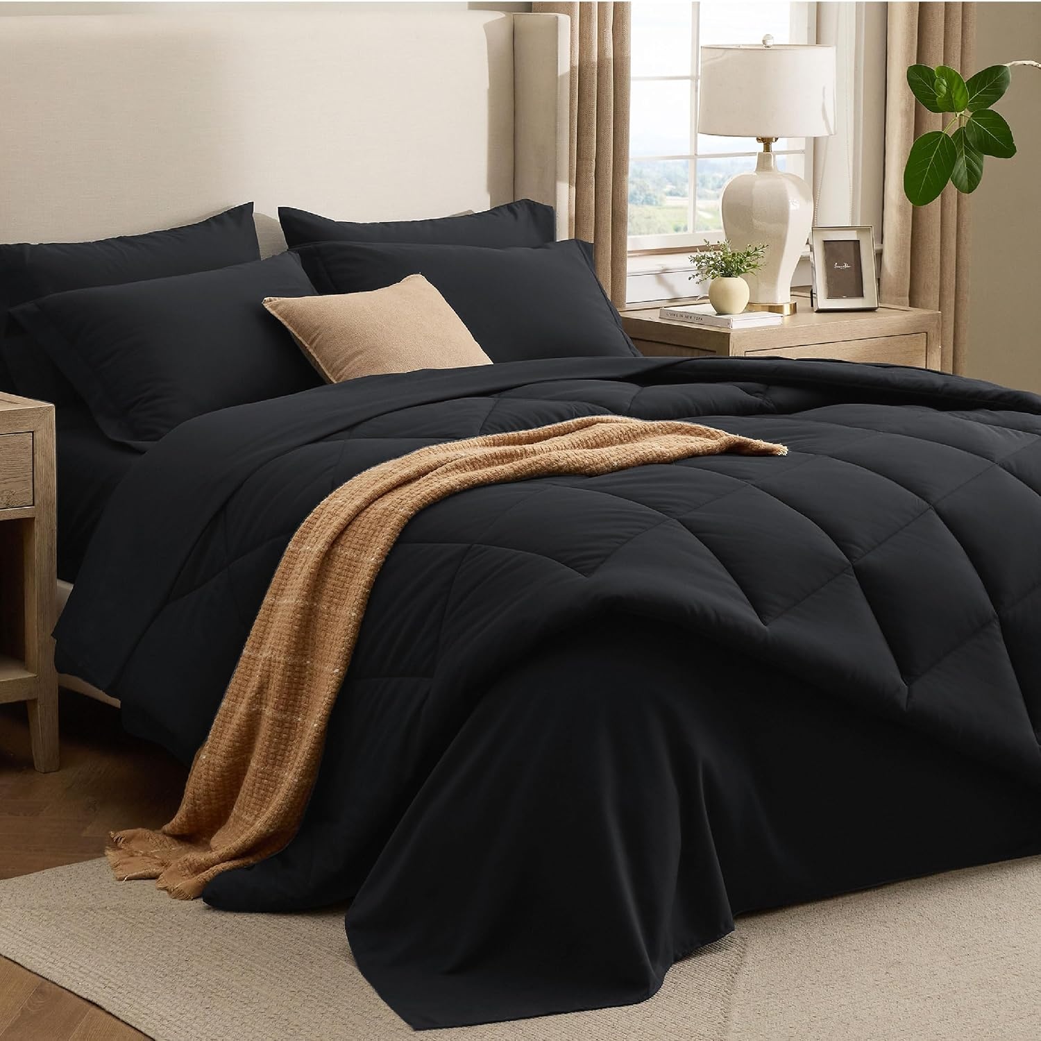 image:imageBedsure Premium Series 5 Piece Black Twin Comforter Set Goose Down Alternative All Season Medium Warmth Soft Hotel Luxury Bed in a Bag Safe for Sensitive Skin Includes Sheets Pillowcase amp Sham01 Black