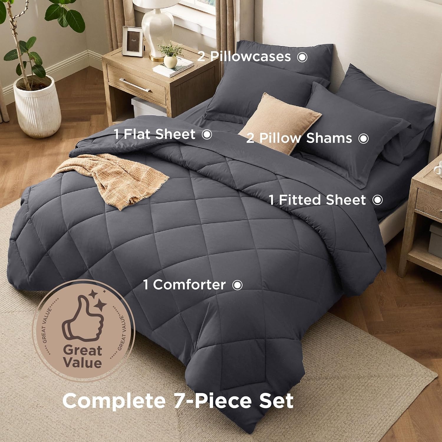 image:imageBedsure Premium Series 5 Piece Black Twin Comforter Set Goose Down Alternative All Season Medium Warmth Soft Hotel Luxury Bed in a Bag Safe for Sensitive Skin Includes Sheets Pillowcase amp Sham05 Dark Grey