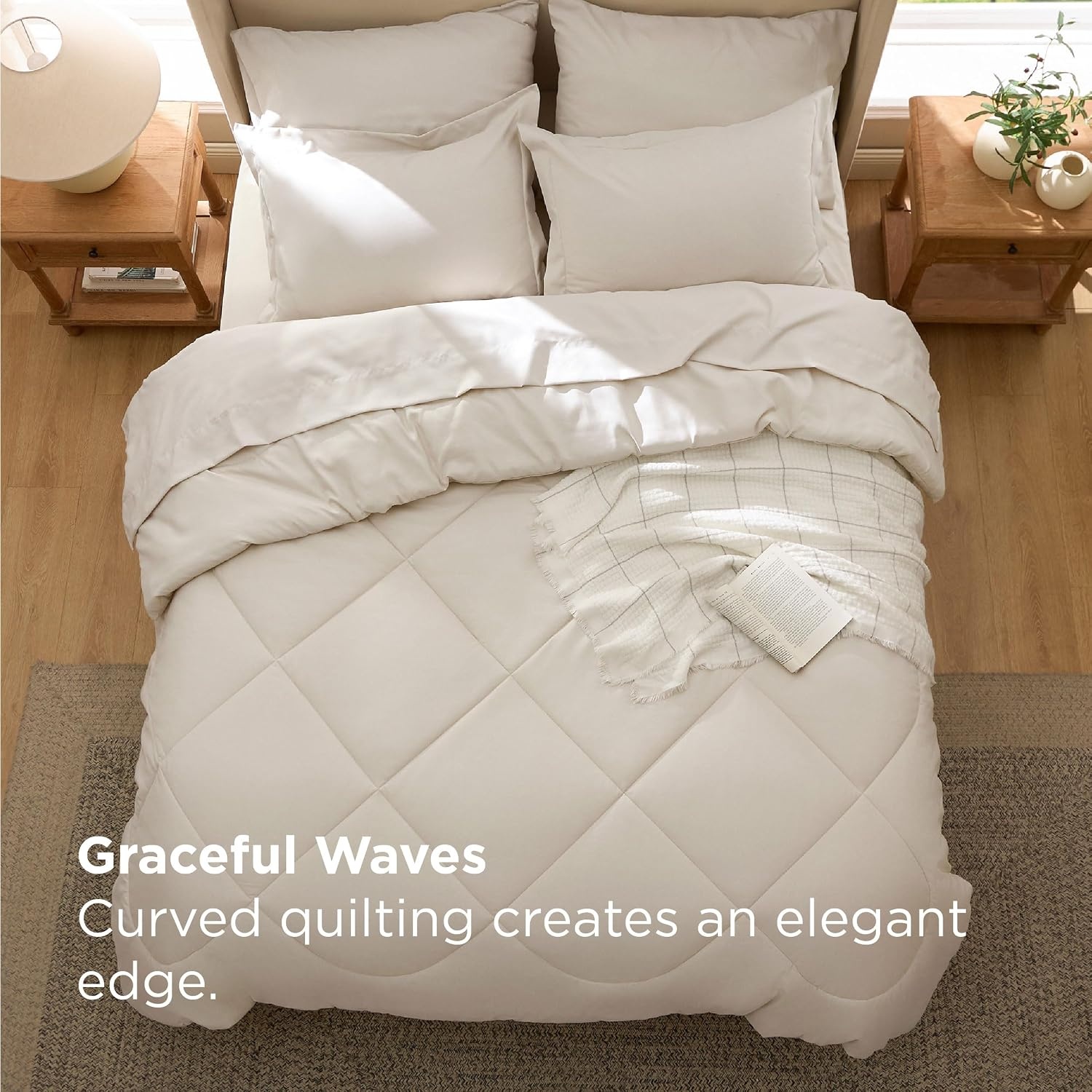 image:imageBedsure Premium Series 5 Piece Black Twin Comforter Set Goose Down Alternative All Season Medium Warmth Soft Hotel Luxury Bed in a Bag Safe for Sensitive Skin Includes Sheets Pillowcase amp Sham07 Cream Wavy Quilted