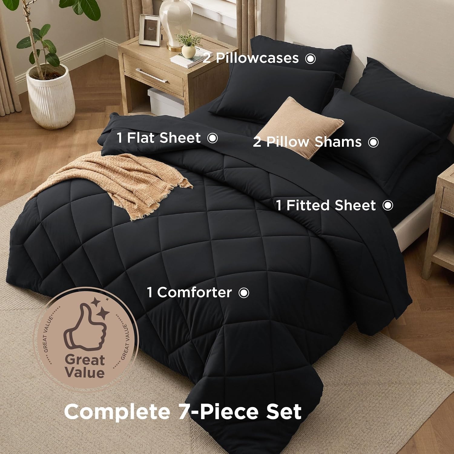 image:imageBedsure Premium Series 5 Piece Black Twin Comforter Set Goose Down Alternative All Season Medium Warmth Soft Hotel Luxury Bed in a Bag Safe for Sensitive Skin Includes Sheets Pillowcase amp Sham01 Black