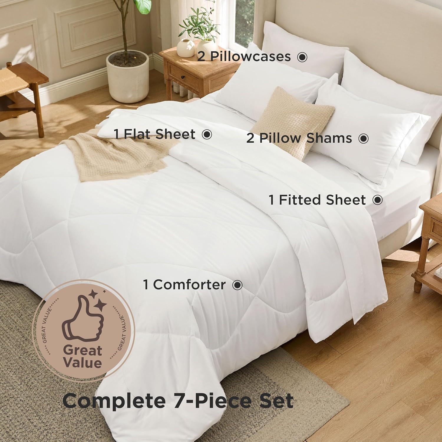 image:imageBedsure Premium Series 5 Piece Black Twin Comforter Set Goose Down Alternative All Season Medium Warmth Soft Hotel Luxury Bed in a Bag Safe for Sensitive Skin Includes Sheets Pillowcase amp Sham03 White Wavy Quilted