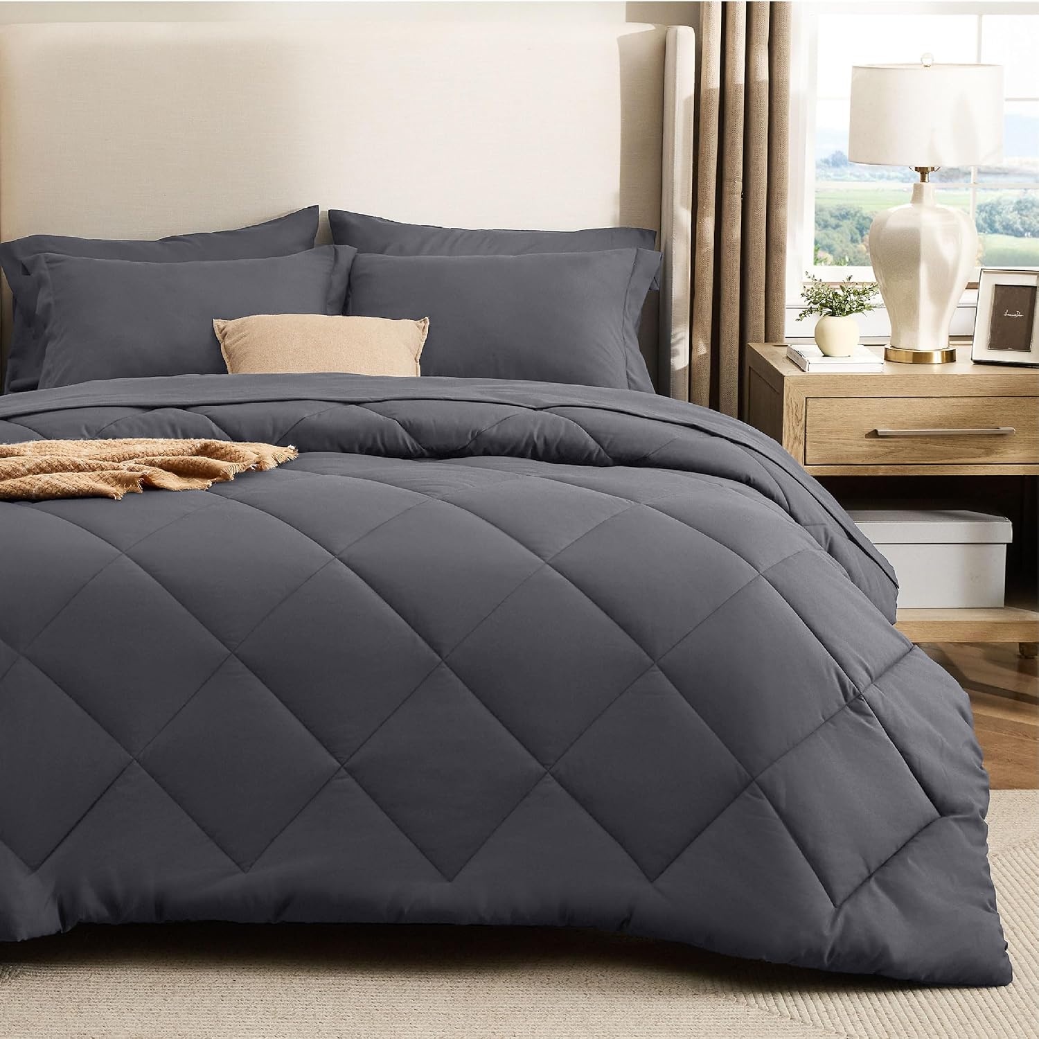 image:imageBedsure Premium Series 5 Piece Black Twin Comforter Set Goose Down Alternative All Season Medium Warmth Soft Hotel Luxury Bed in a Bag Safe for Sensitive Skin Includes Sheets Pillowcase amp Sham05 Dark Grey