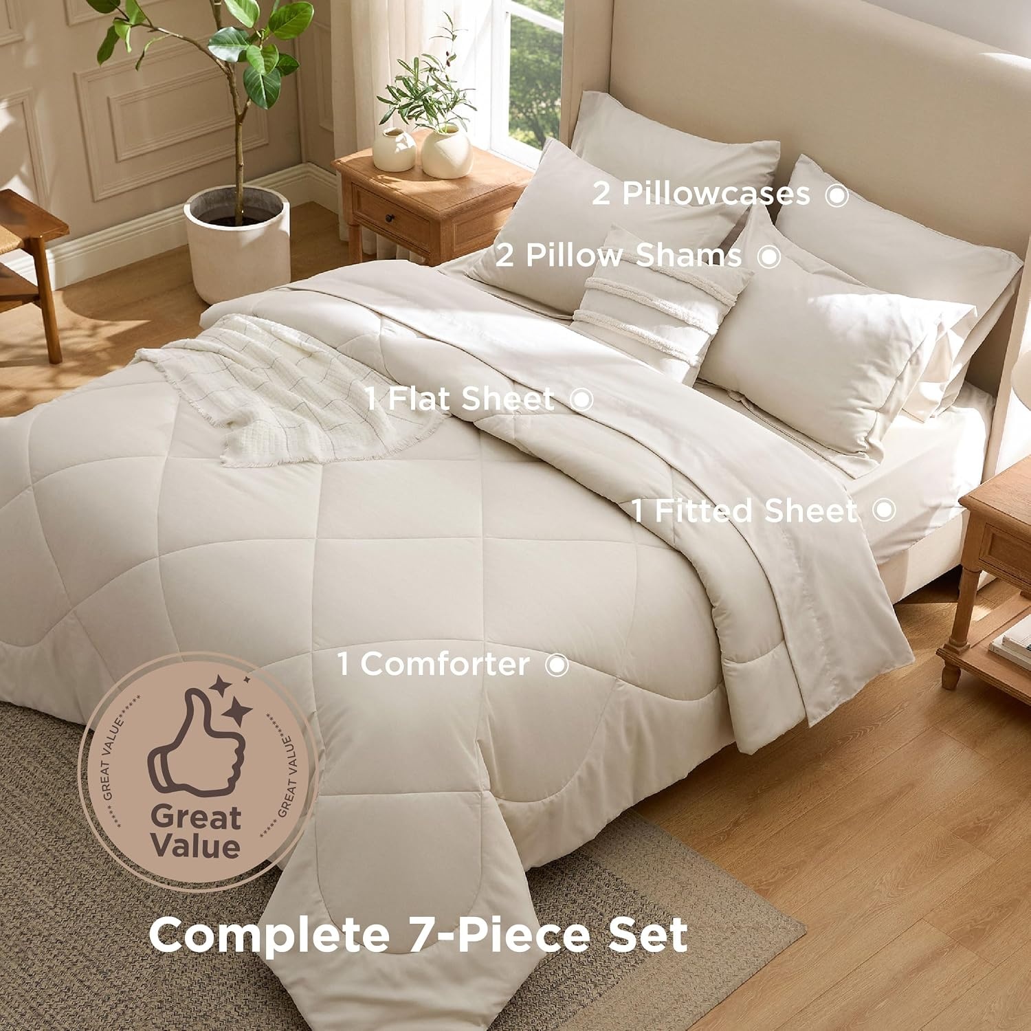 image:imageBedsure Premium Series 5 Piece Black Twin Comforter Set Goose Down Alternative All Season Medium Warmth Soft Hotel Luxury Bed in a Bag Safe for Sensitive Skin Includes Sheets Pillowcase amp Sham07 Cream Wavy Quilted