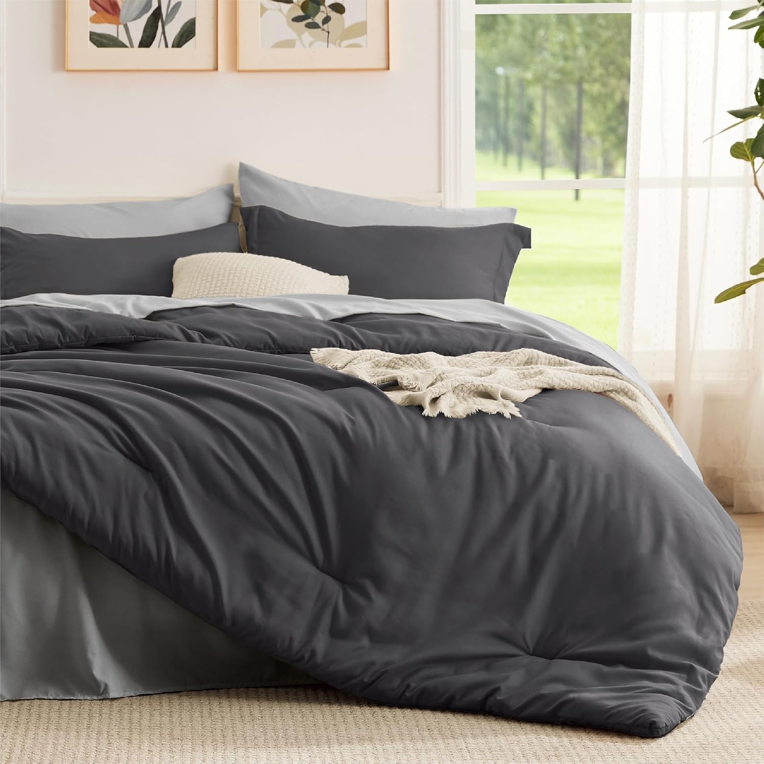 image:imageBedsure Queen Bed in a Bag Sage Green Comforter Set DualTone 7 Pieces Bedding Set All Seasons Contrasting Design Reversible Soft Modern with Sheets Breathable Bed Set 909015 Dark GreyGrey