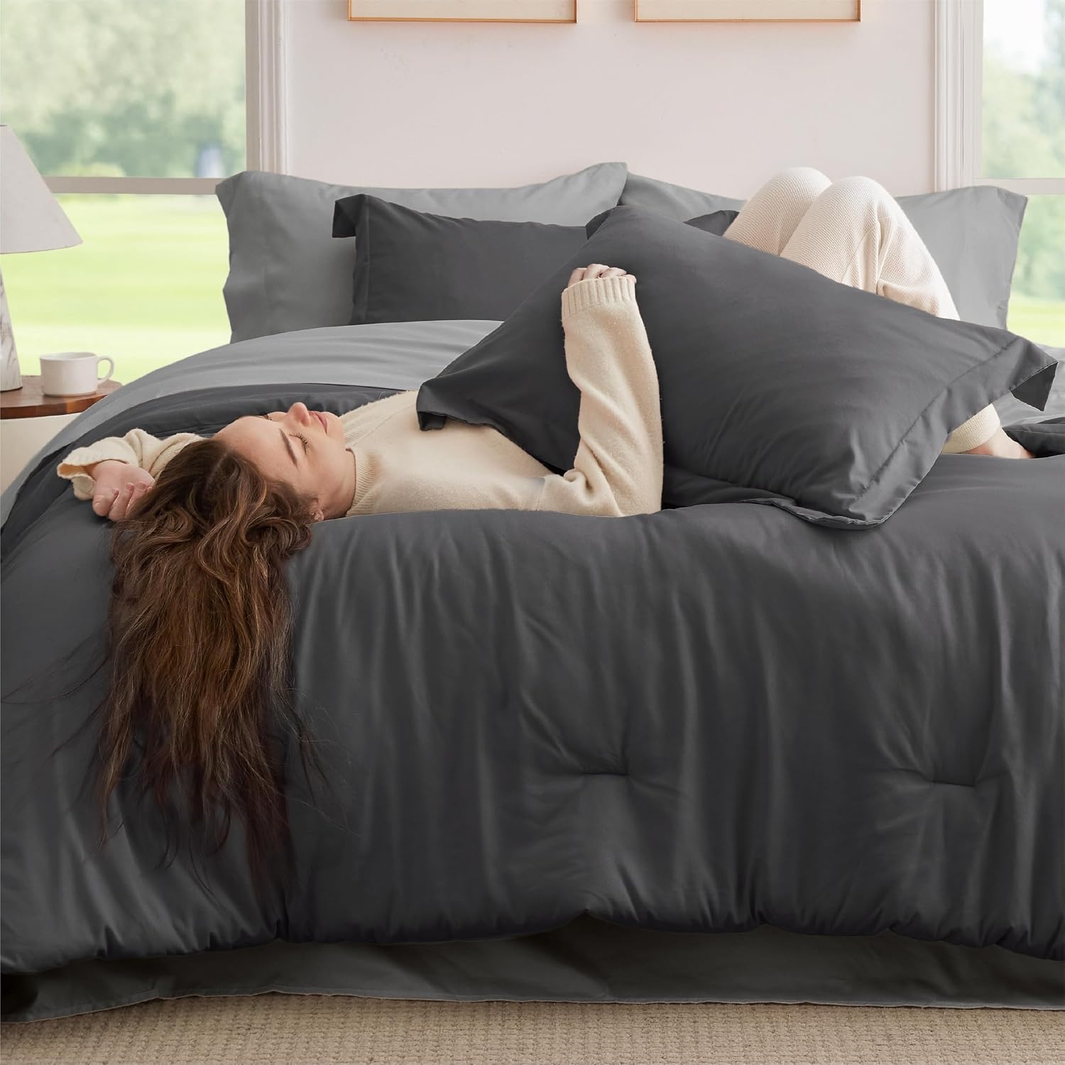 image:imageBedsure Queen Bed in a Bag Sage Green Comforter Set DualTone 7 Pieces Bedding Set All Seasons Contrasting Design Reversible Soft Modern with Sheets Breathable Bed Set 909015 Dark GreyGrey