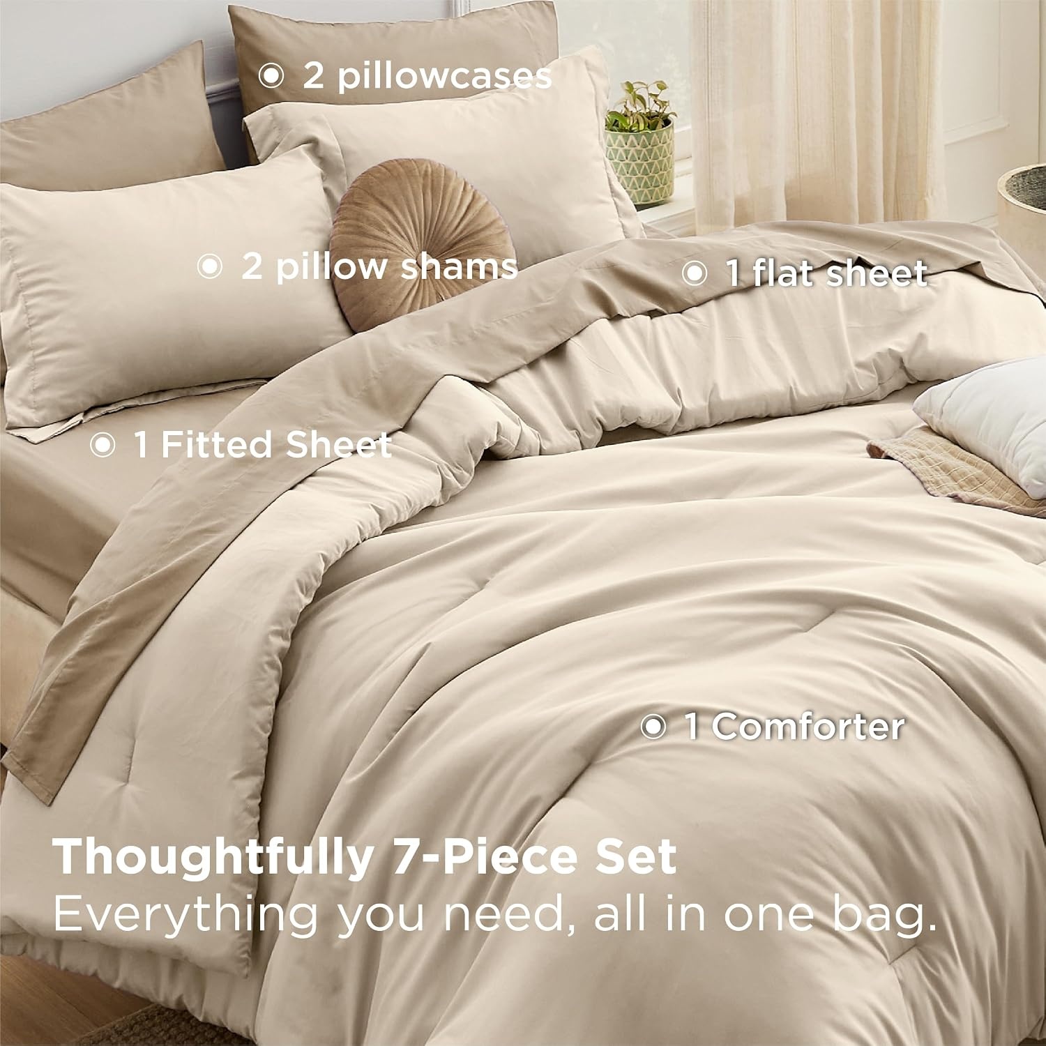 image:imageBedsure Queen Bed in a Bag Sage Green Comforter Set DualTone 7 Pieces Bedding Set All Seasons Contrasting Design Reversible Soft Modern with Sheets Breathable Bed Set 909016 Light BeigeKhaki